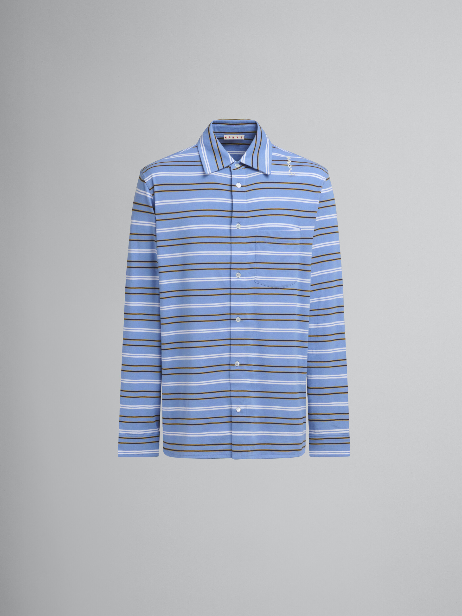 Long sleeved blue and white striped organic cotton polo shirt - Shirts - Image 1