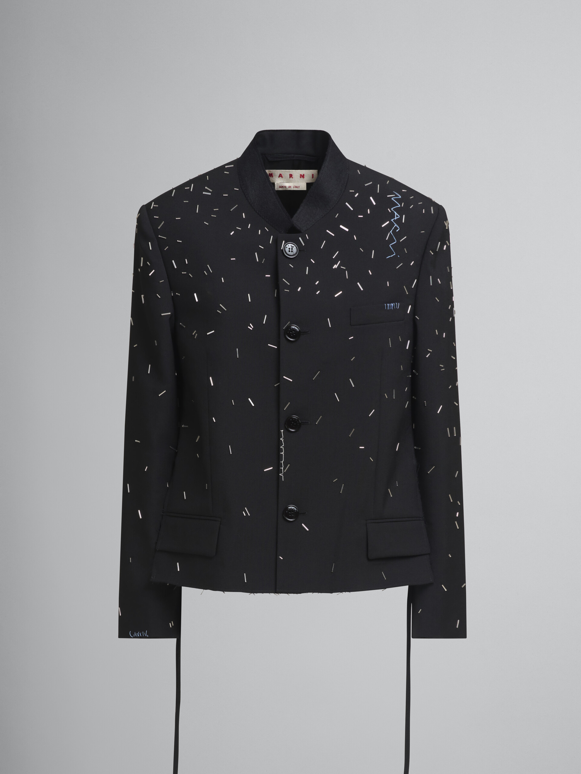 Black wool jacket with tinted pearl embellishment - Jackets - Image 1