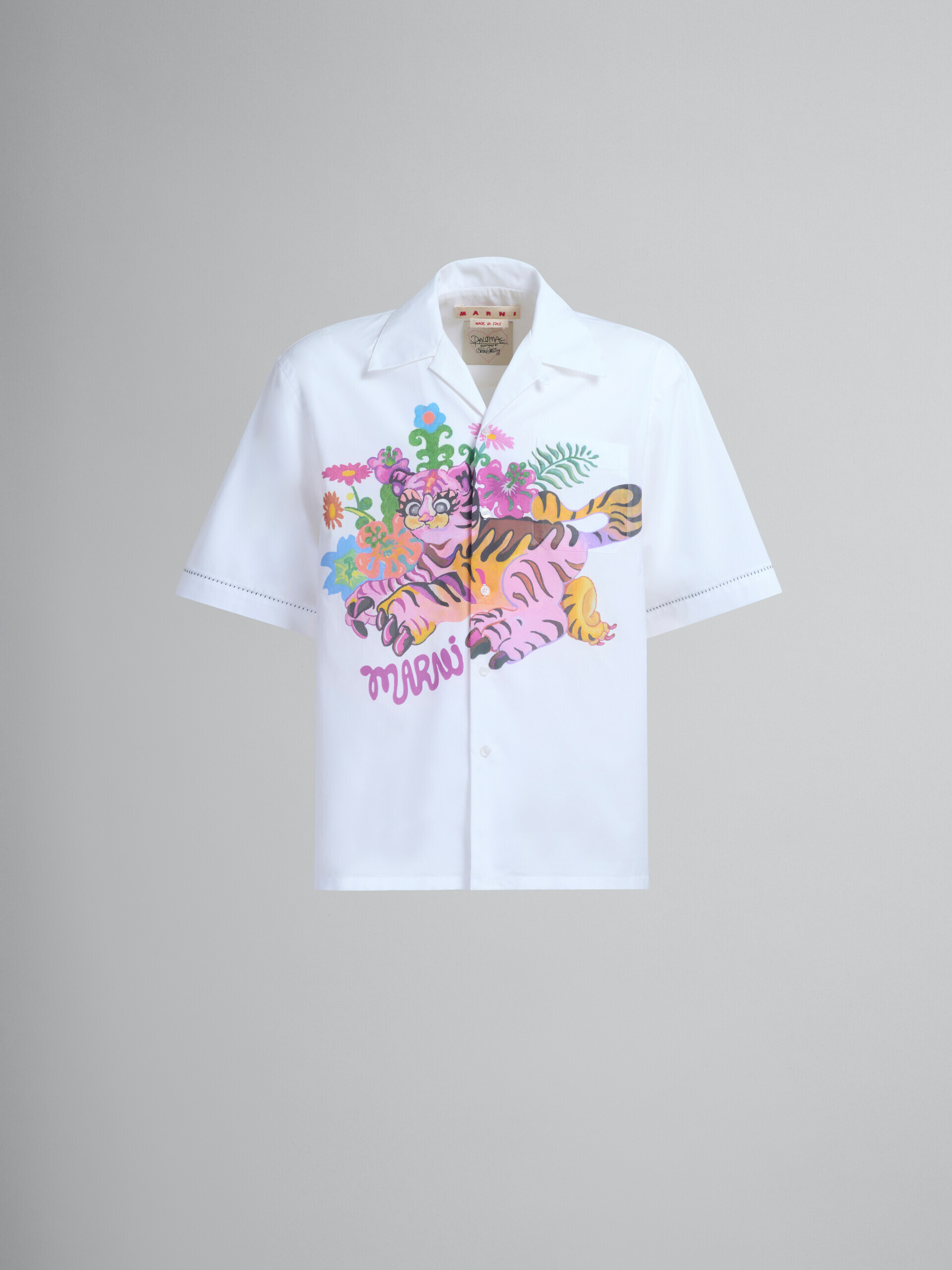 White organic poplin bowling shirt with print - Shirts - Image 2