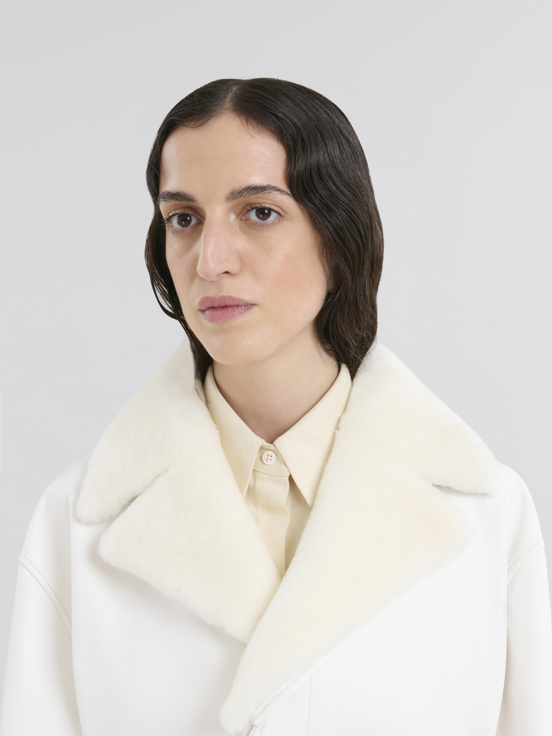 White nappa duster coat with shearling collar - Coat - Image 4