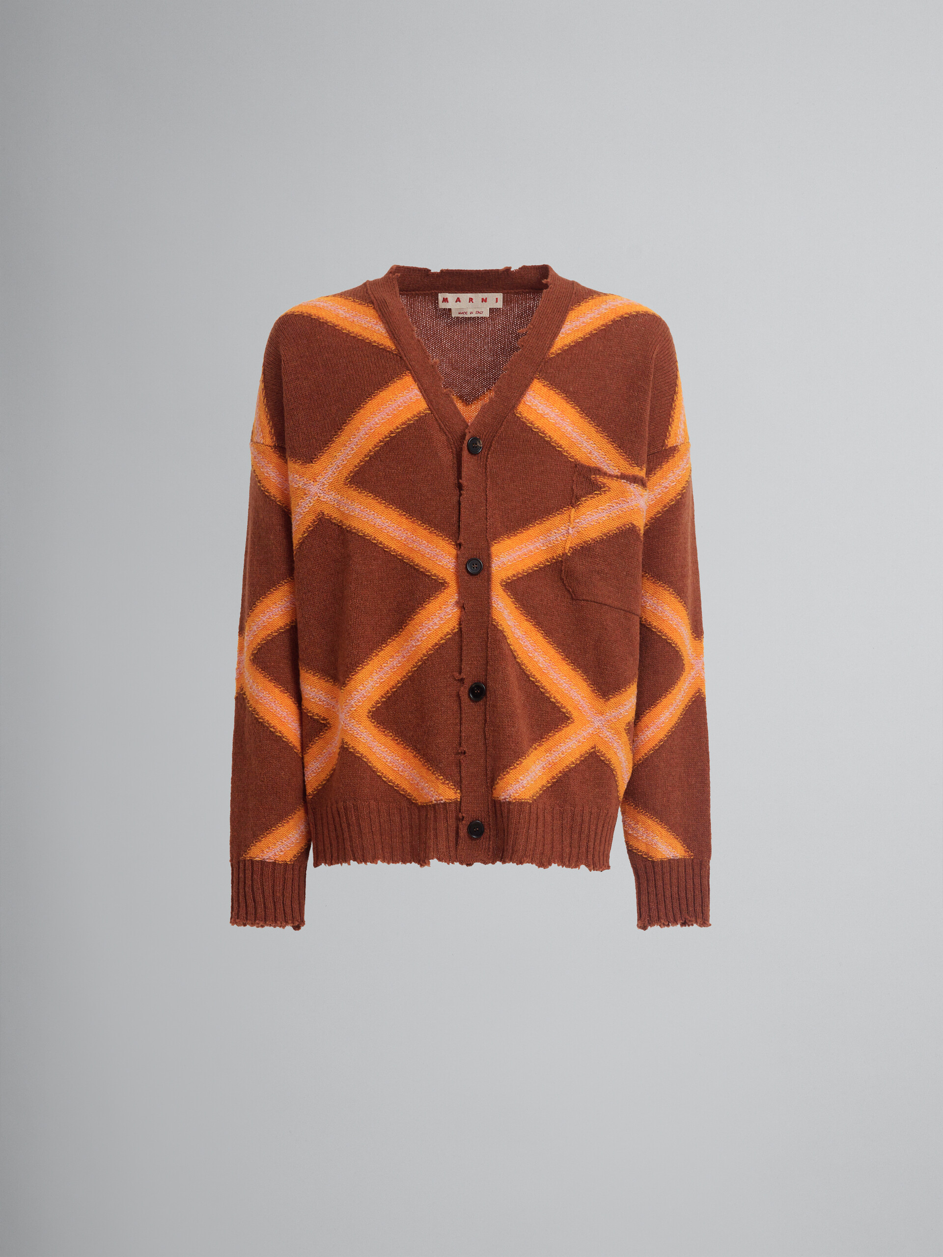 Cardigan en laine marron avec motif à losanges - pulls - Image 1