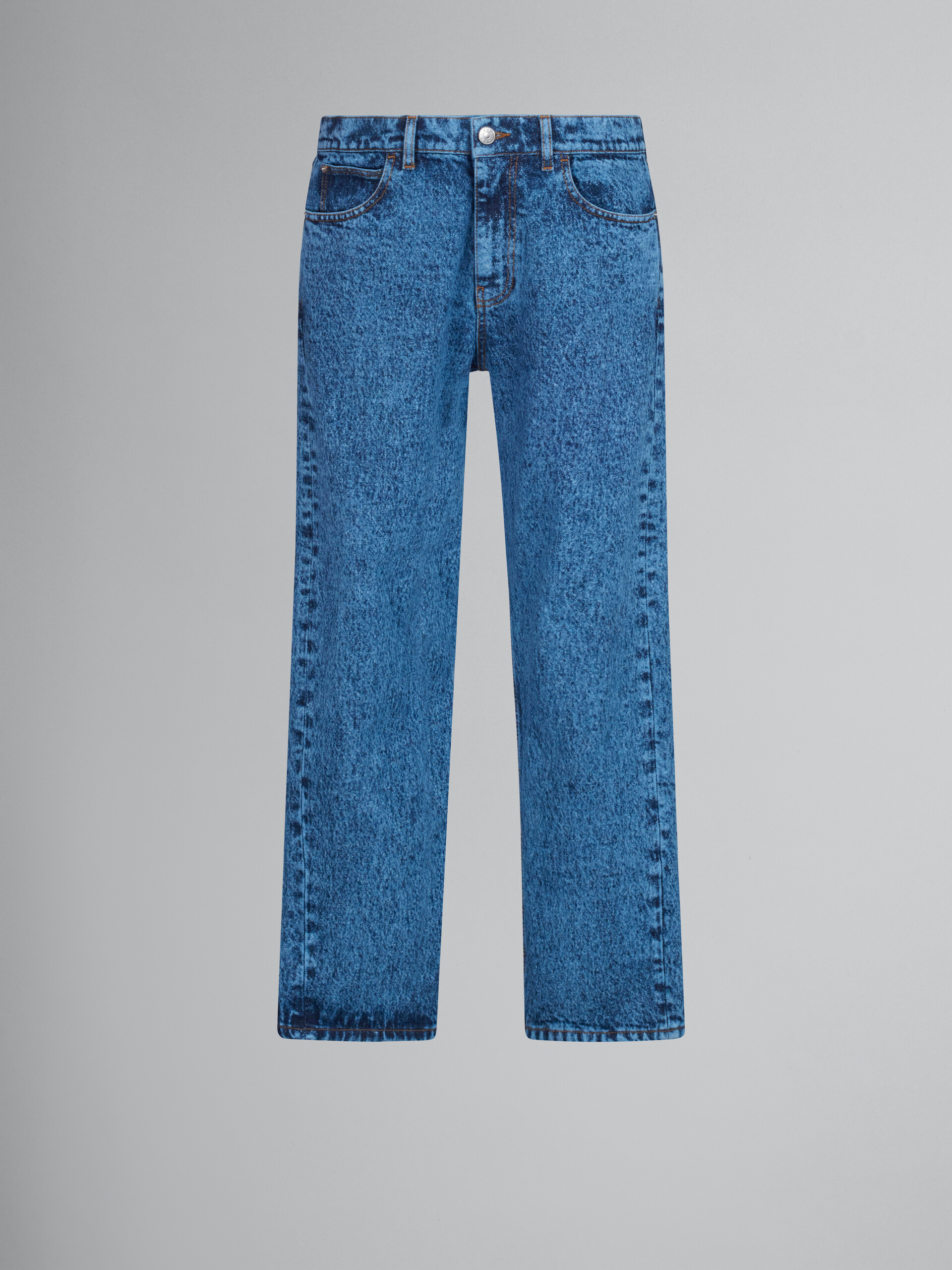 Blaue, gerade geschnittene Hose aus Baumwolldrillich mit marmoriertem Muster - Hosen - Image 1