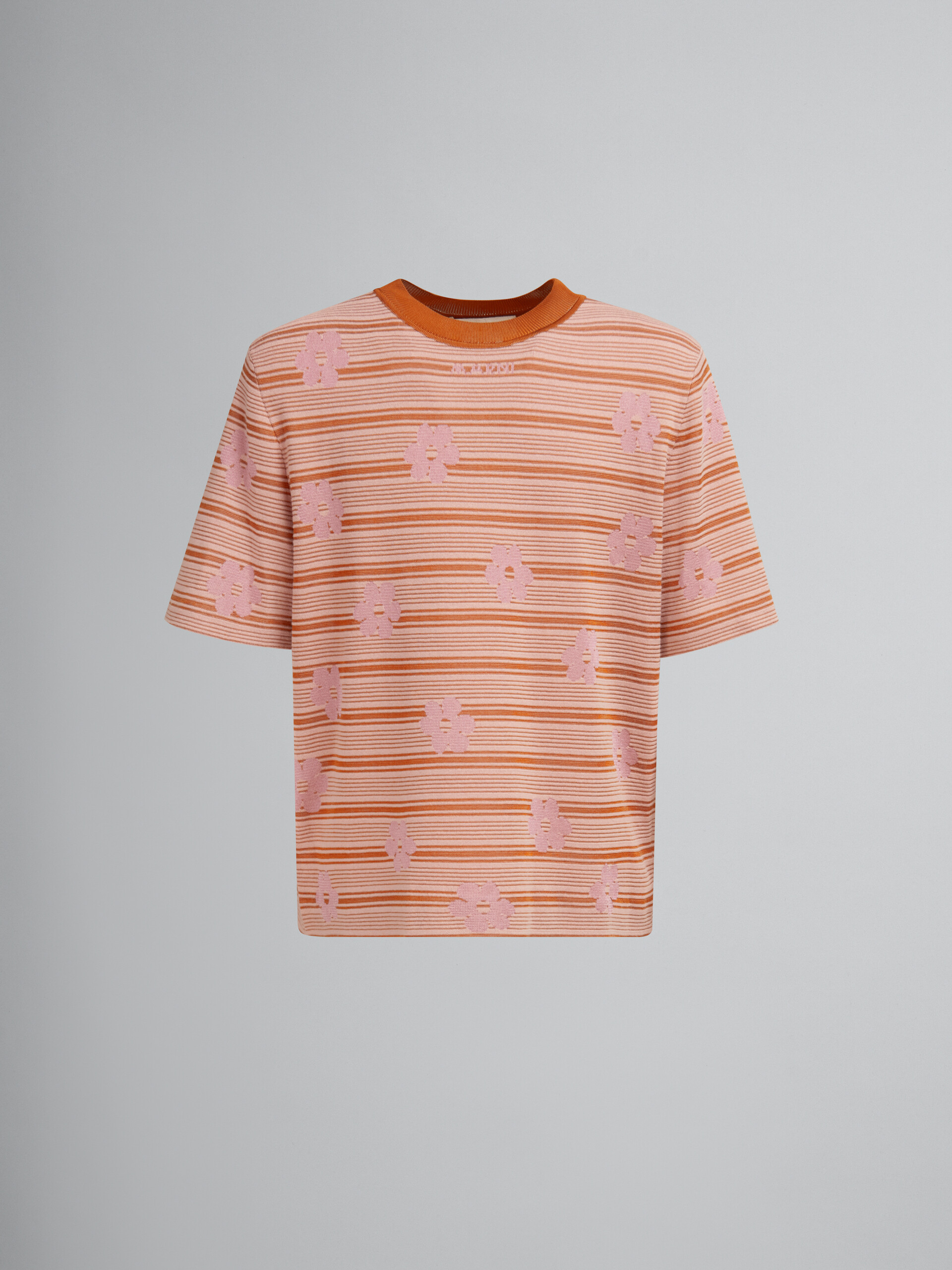 Pink cotton-viscose striped knit T-shirt with floral motif - Pullovers - Image 1