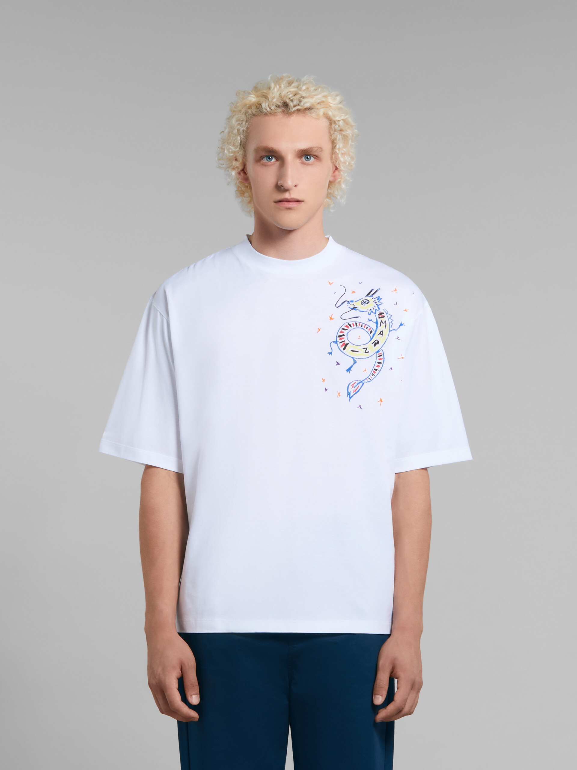 ホワイト ドラゴンプリント オーガニックジャージー製 Tシャツ - Tシャツ - Image 2