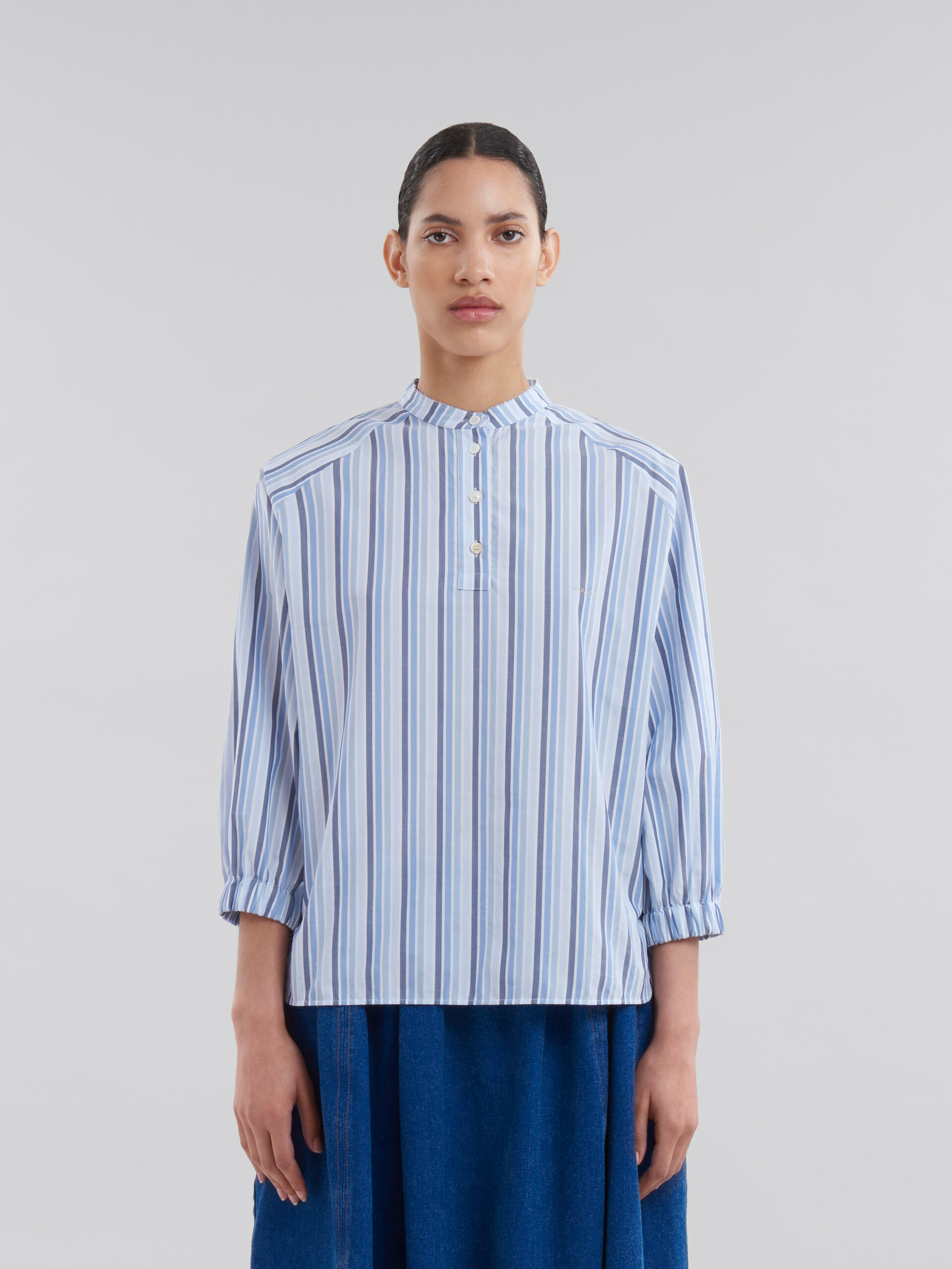 Blue striped poplin top with Mandarin collar - Shirts - Image 2