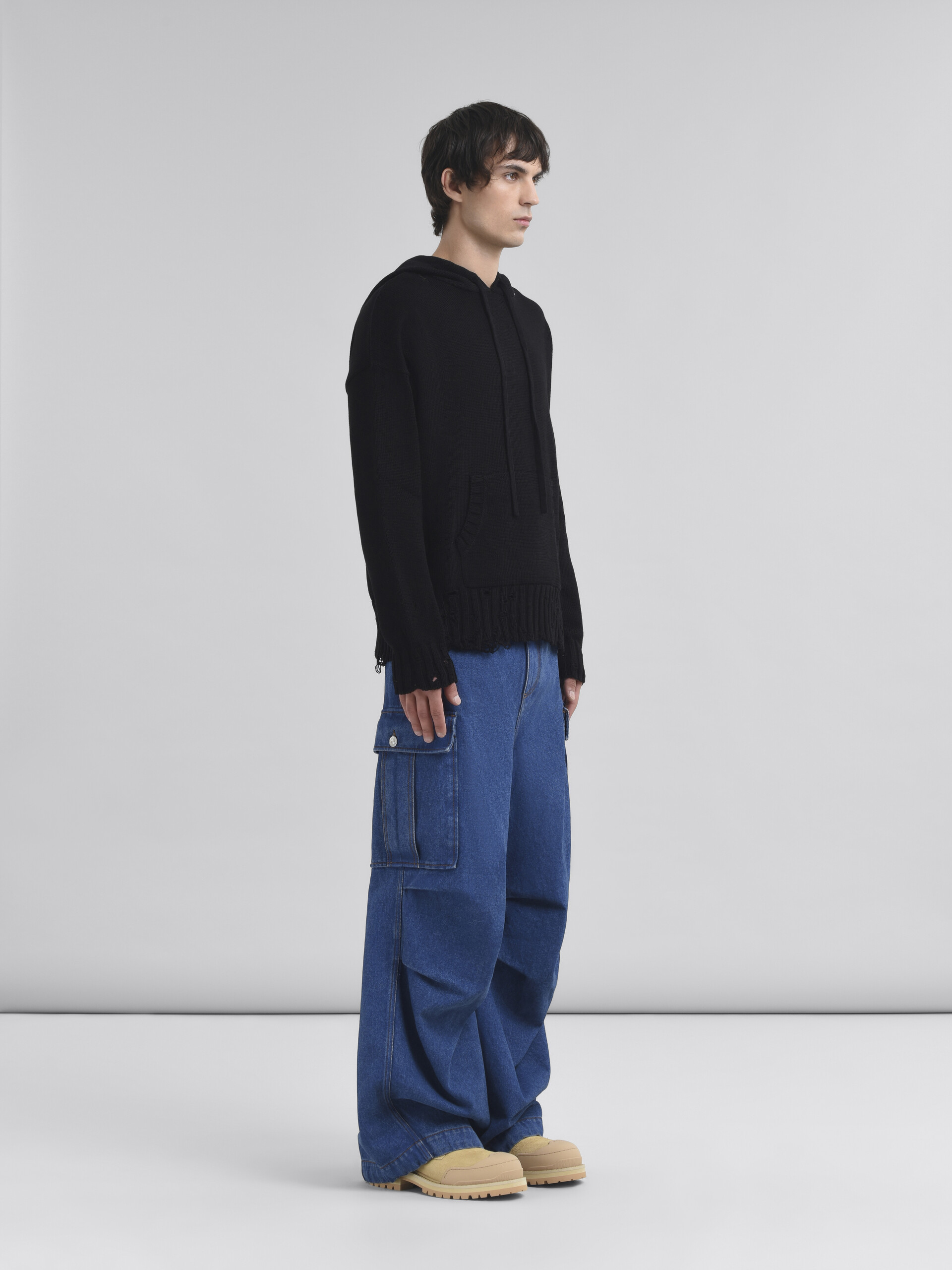 Black dishevelled cotton hoodie with Marni Mending - Pullovers - Image 5