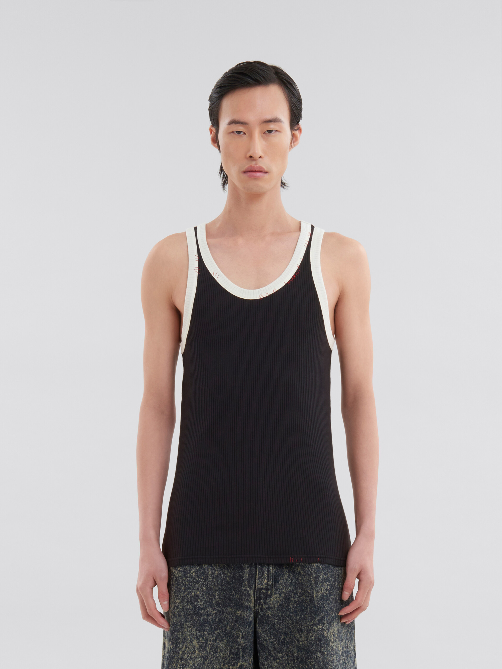 Black ribbed cotton tank top with Marni mending - Shirts - Image 2