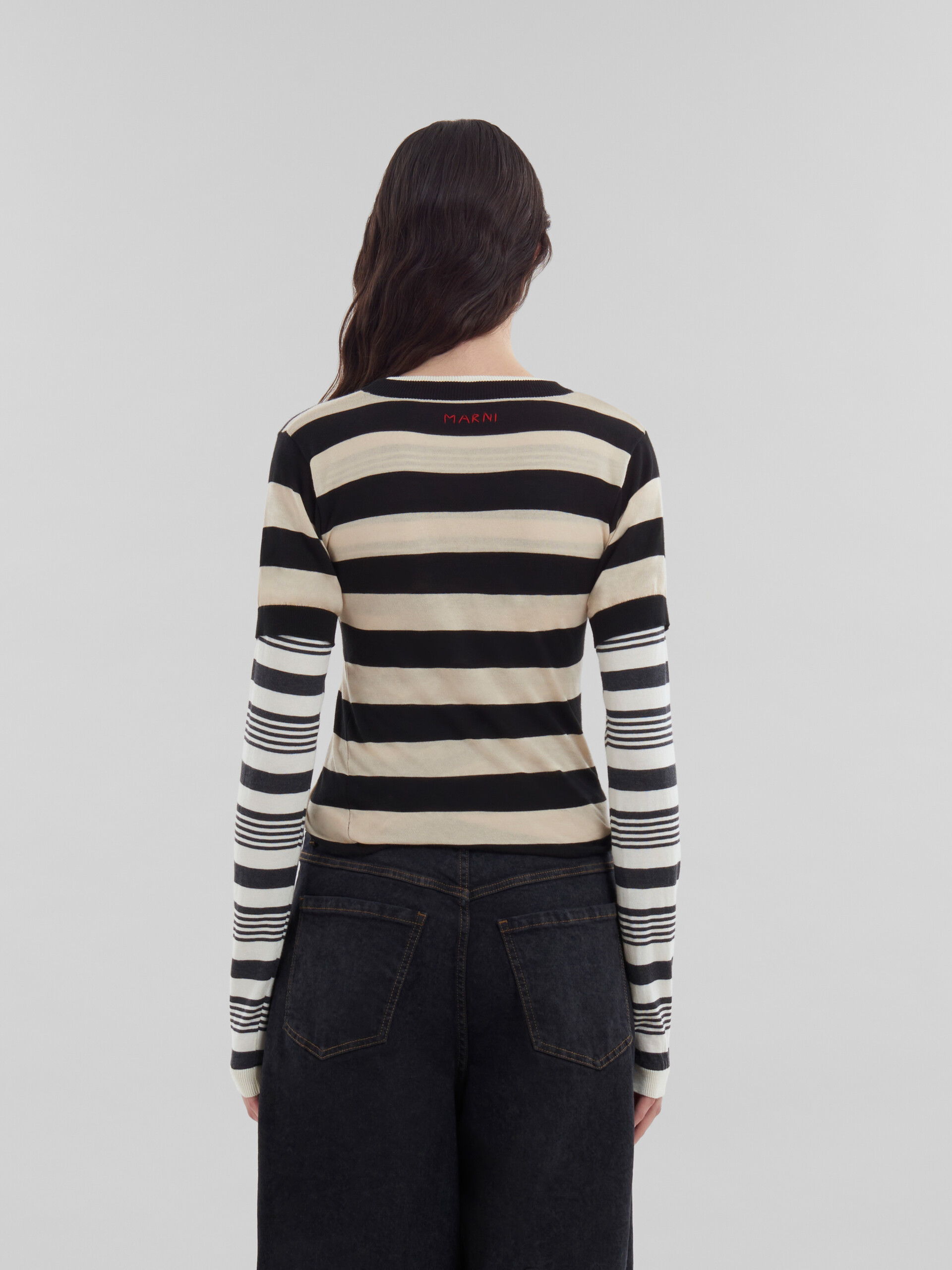 Black and white layered cotton crew-neck with contrast stripes - Pullovers - Image 3