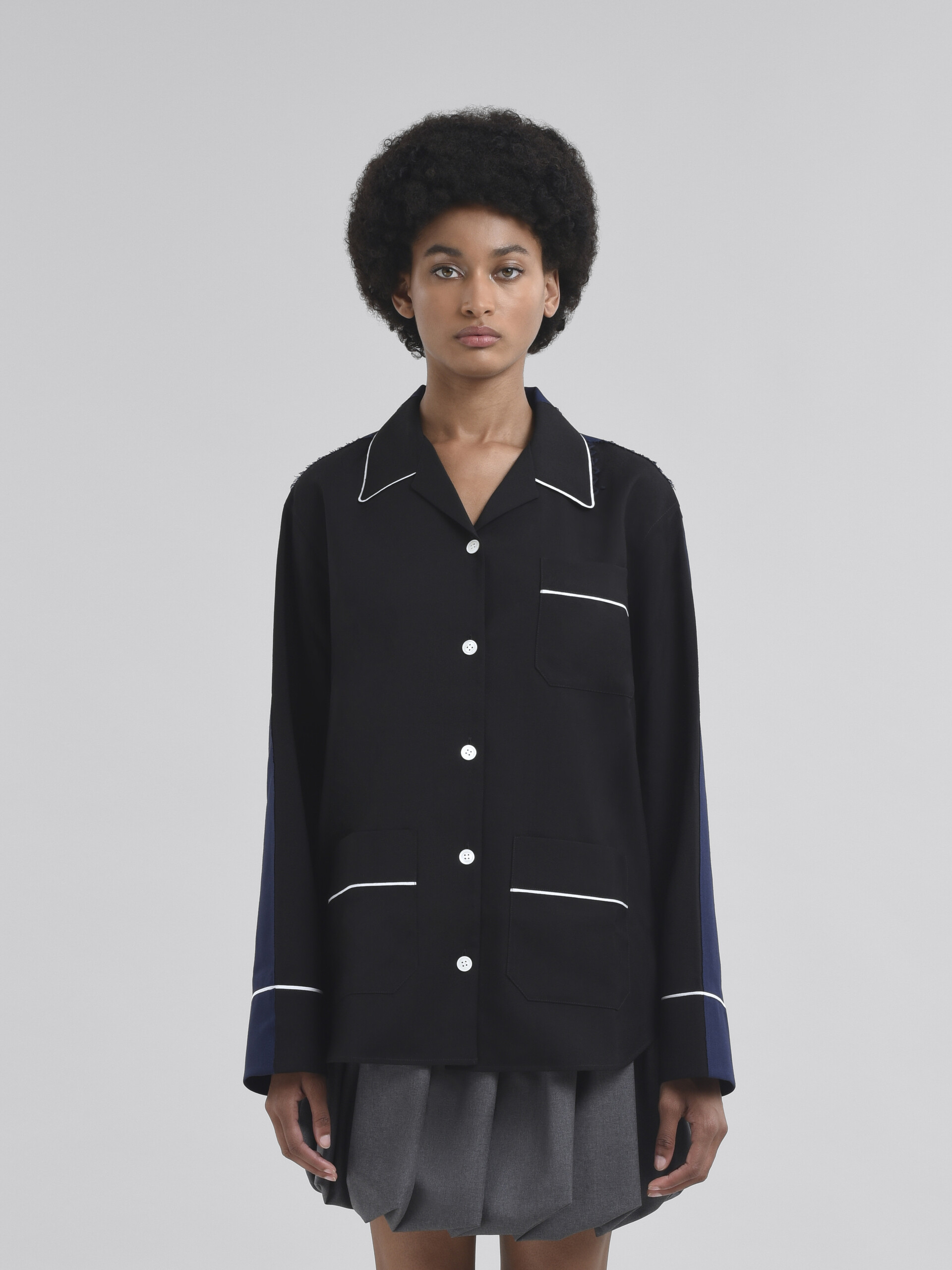 Black wool pyjama shirt with contrasting back - Shirts - Image 2