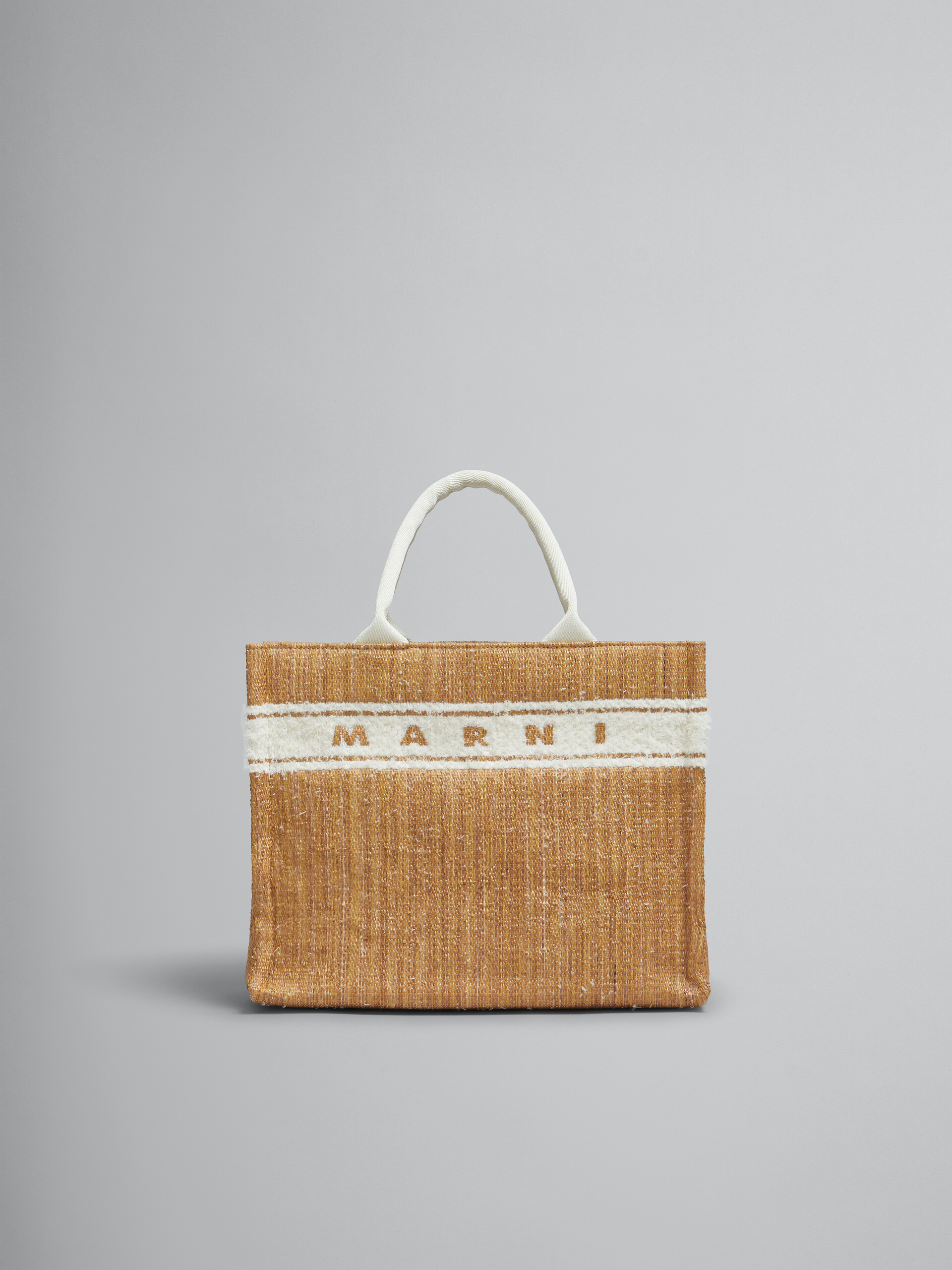 Ecru raffia-effect Small Tote Bag with tufted logo - Shopping Bags - Image 1
