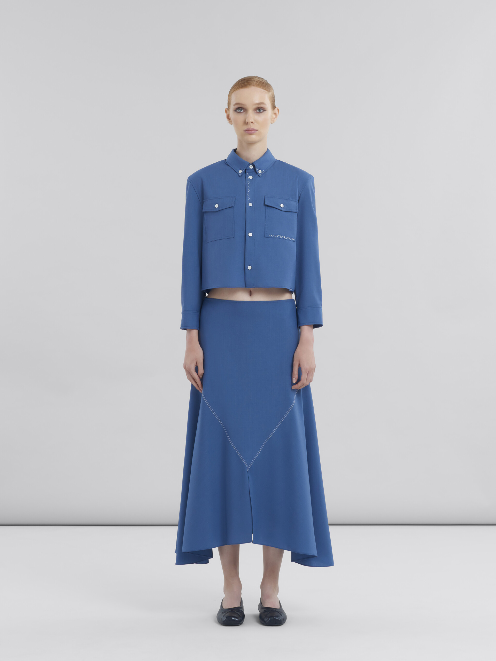 Blue tropical wool cropped shirt with Marni mending - Shirts - Image 2