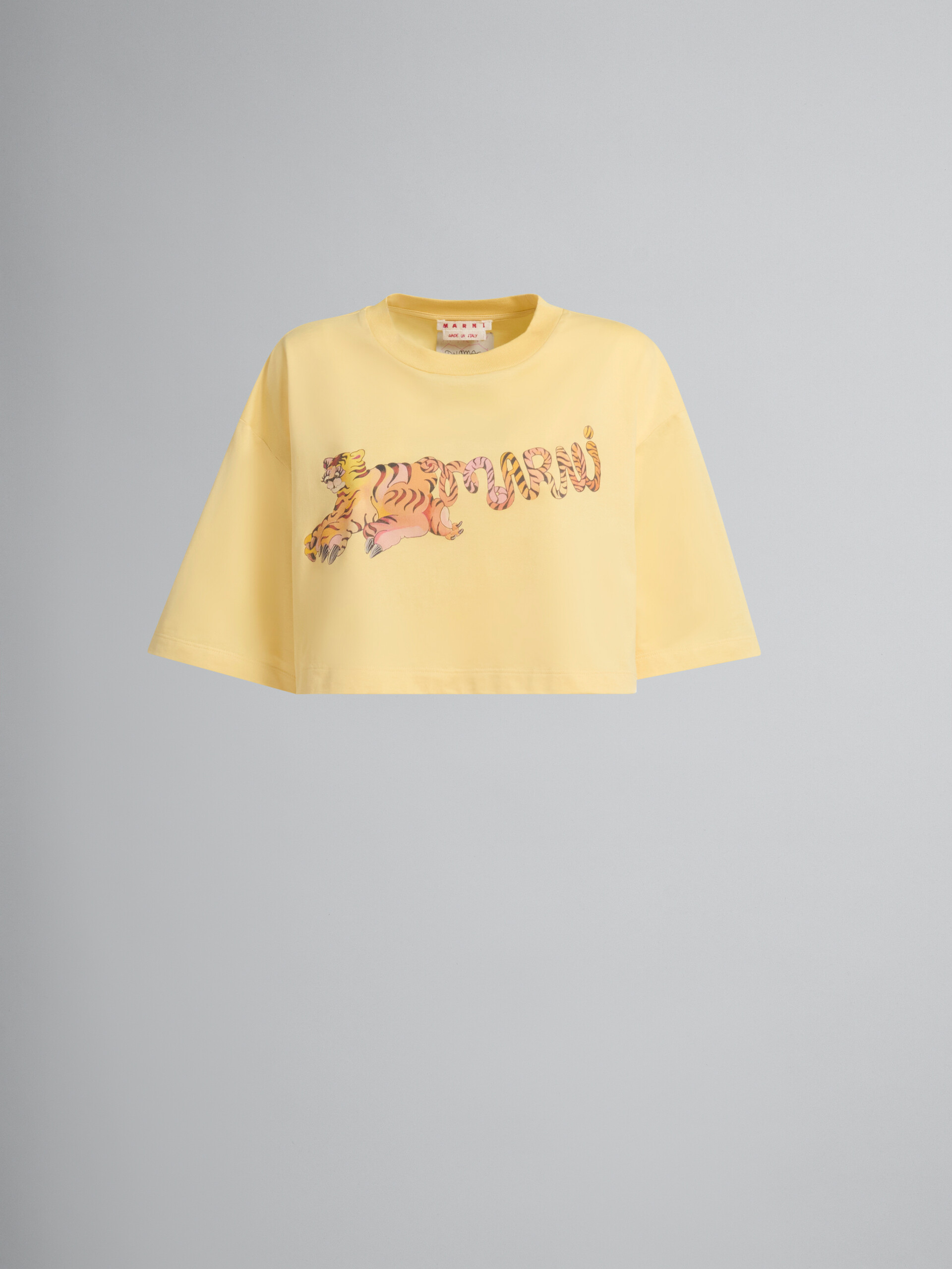 T-shirt crop in cotone biologico giallo con stampa - T-shirt - Image 1