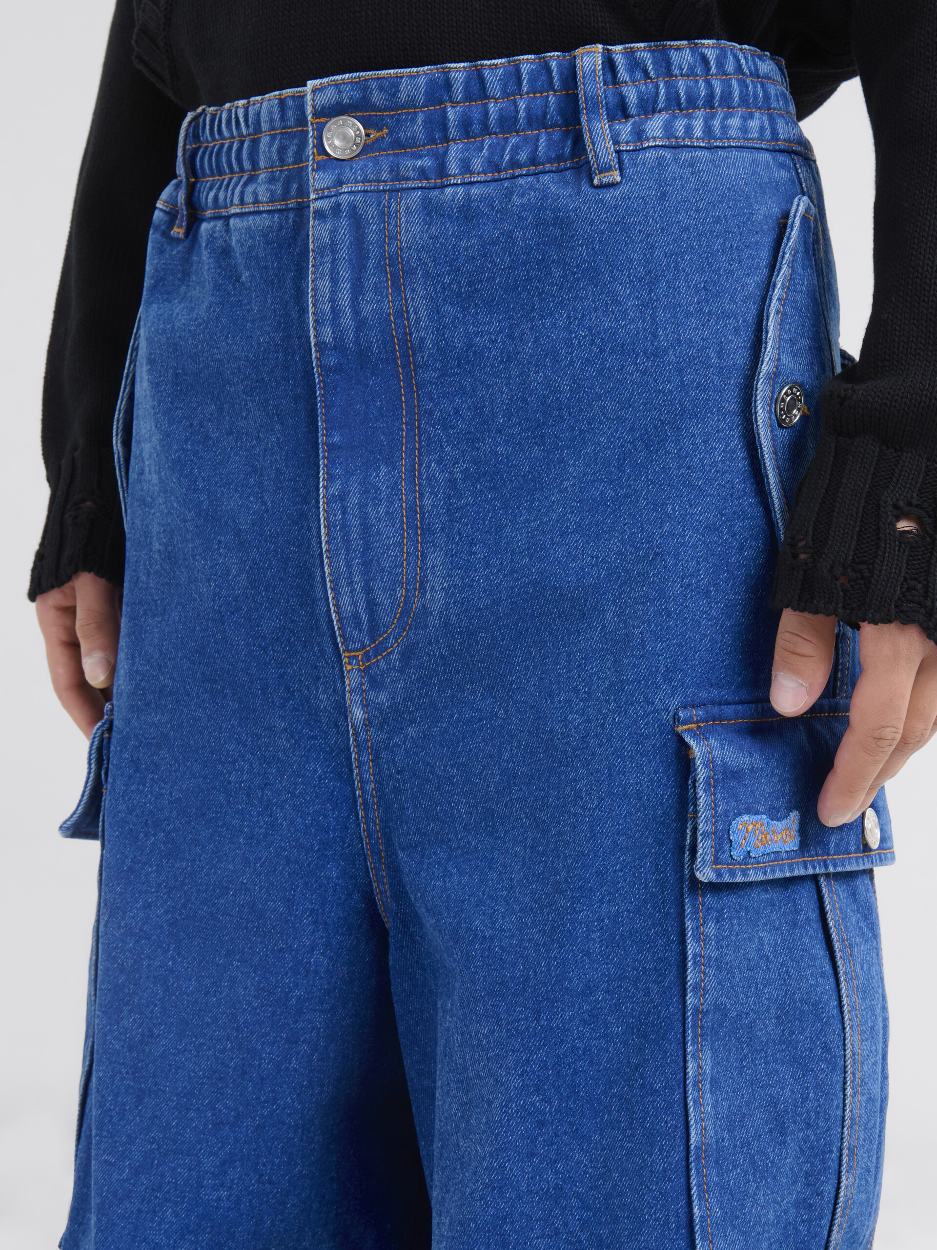 Dark blue denim cargo pants with Marni logo patch - Pants - Image 4