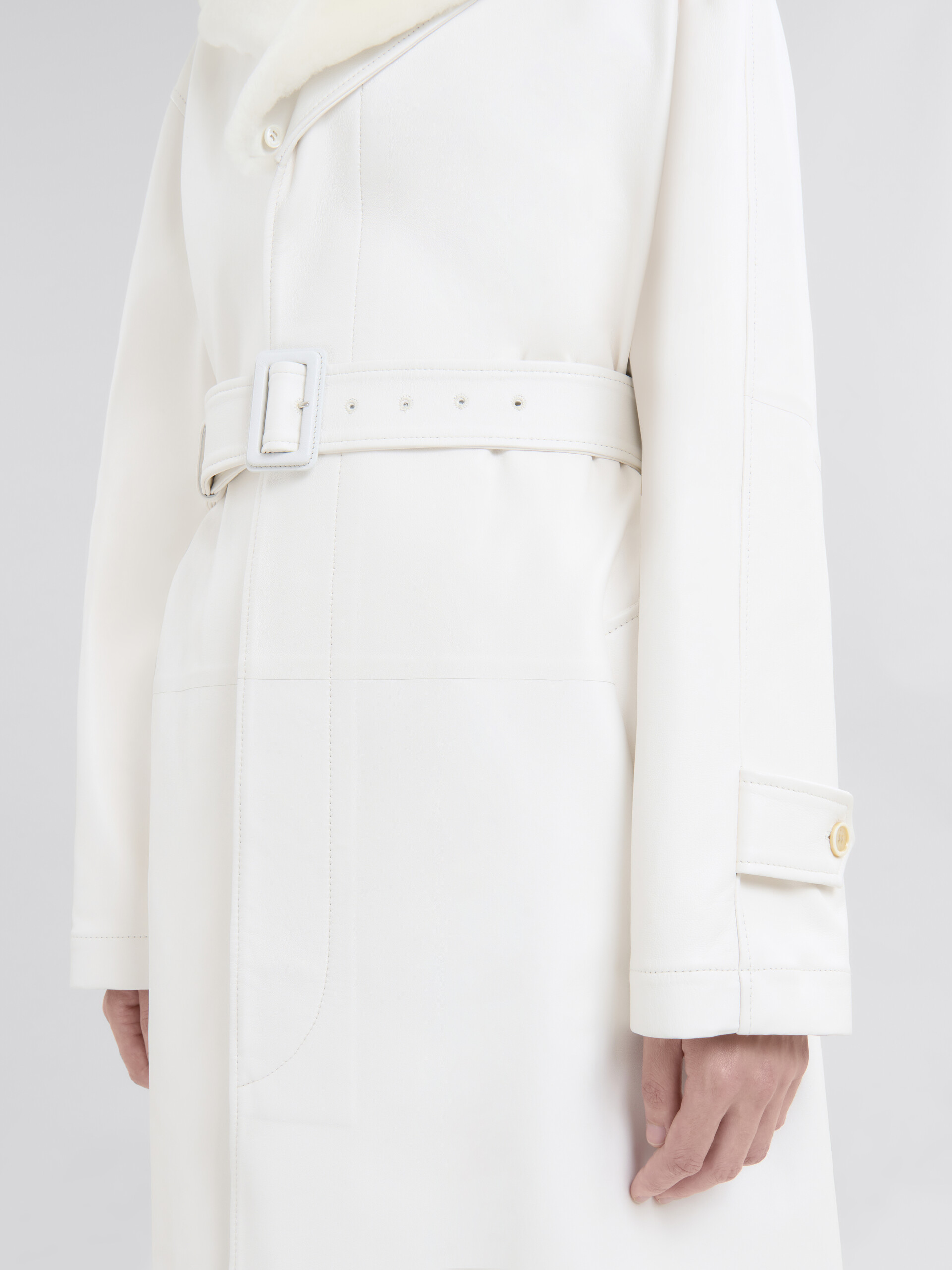 White nappa duster coat with shearling collar - Coat - Image 5