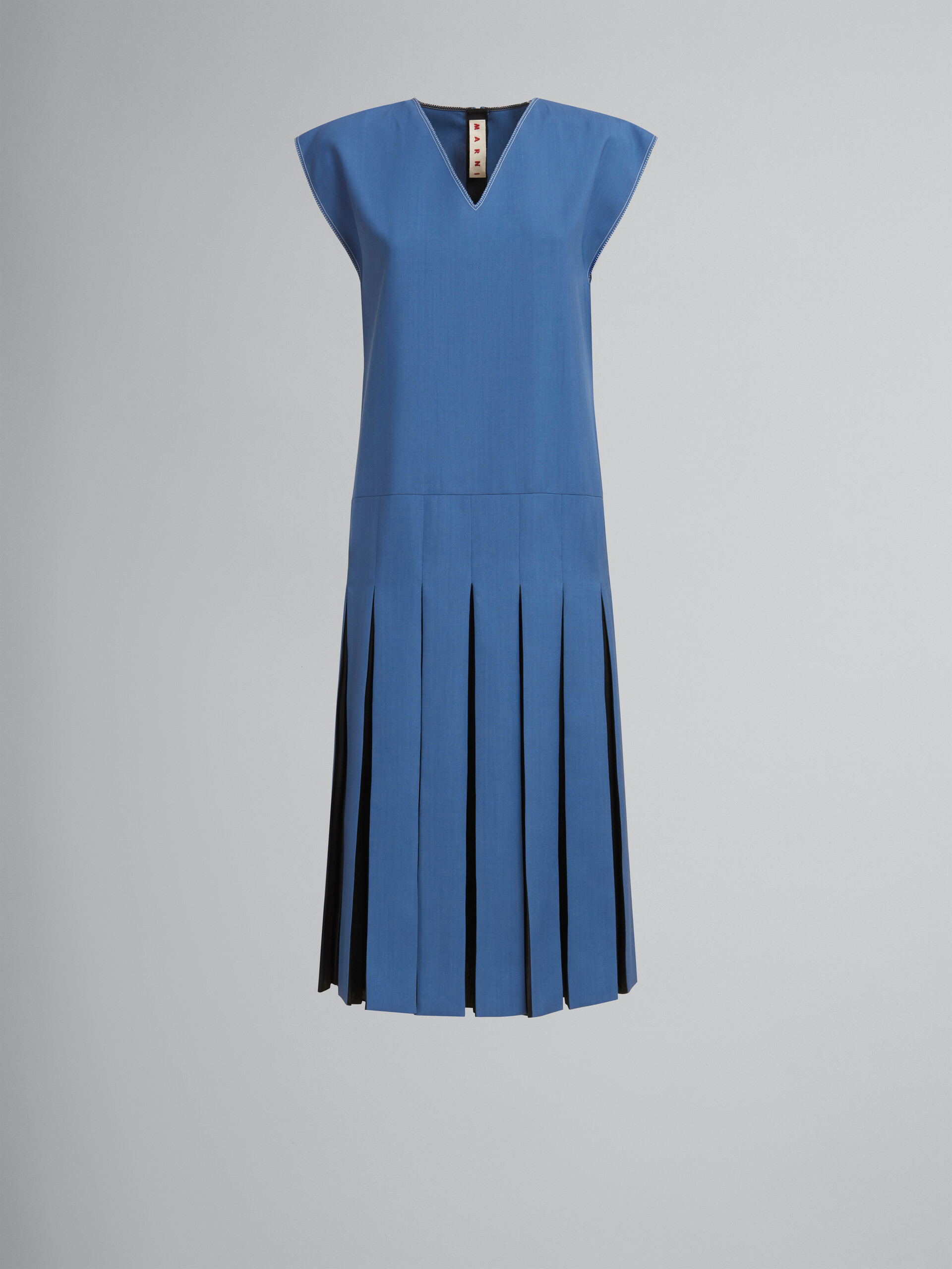 Blue tropical wool dress with contrast pleats - Dresses - Image 1