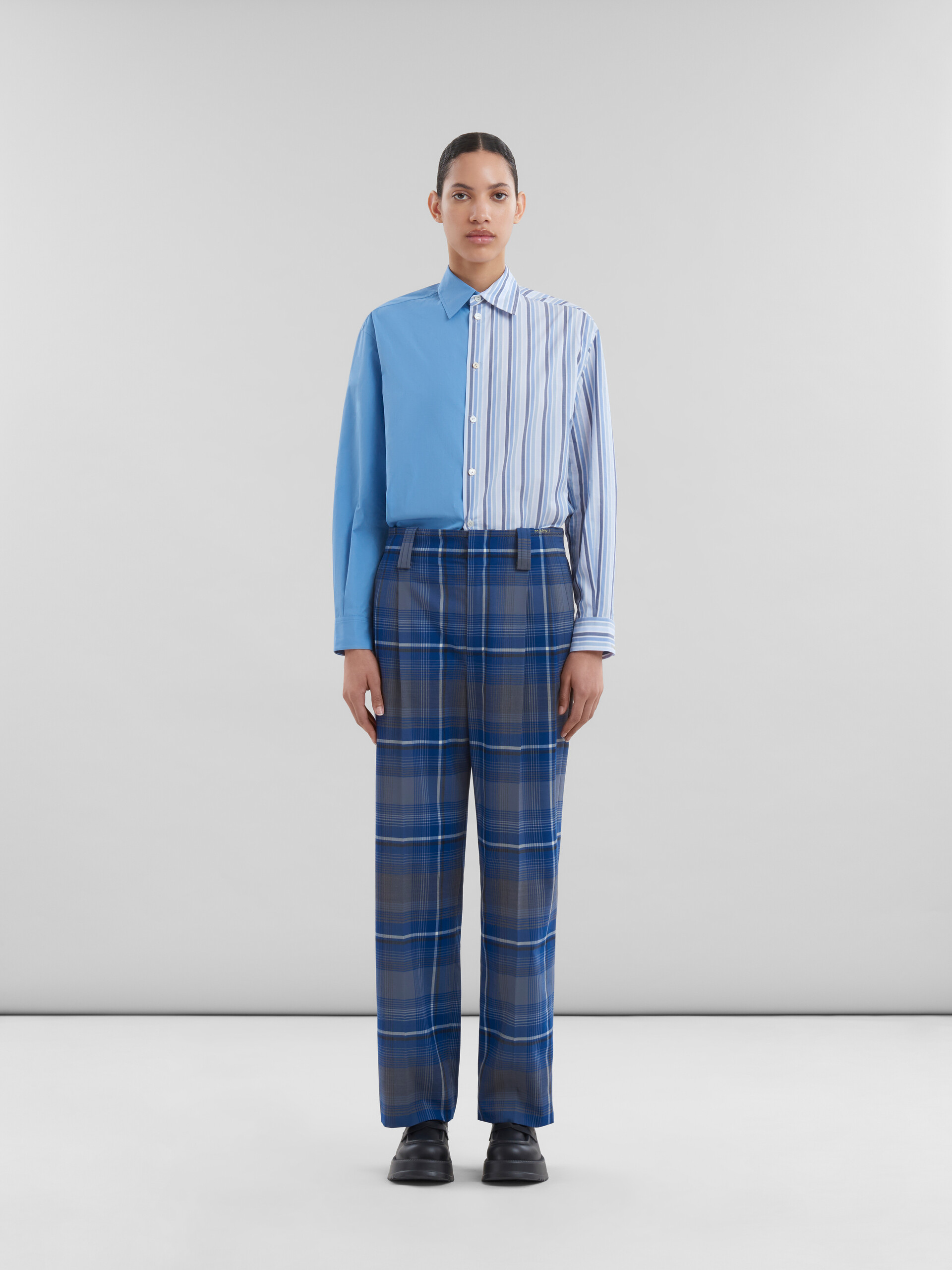 Blue checked virgin wool pleated trousers - Pants - Image 2