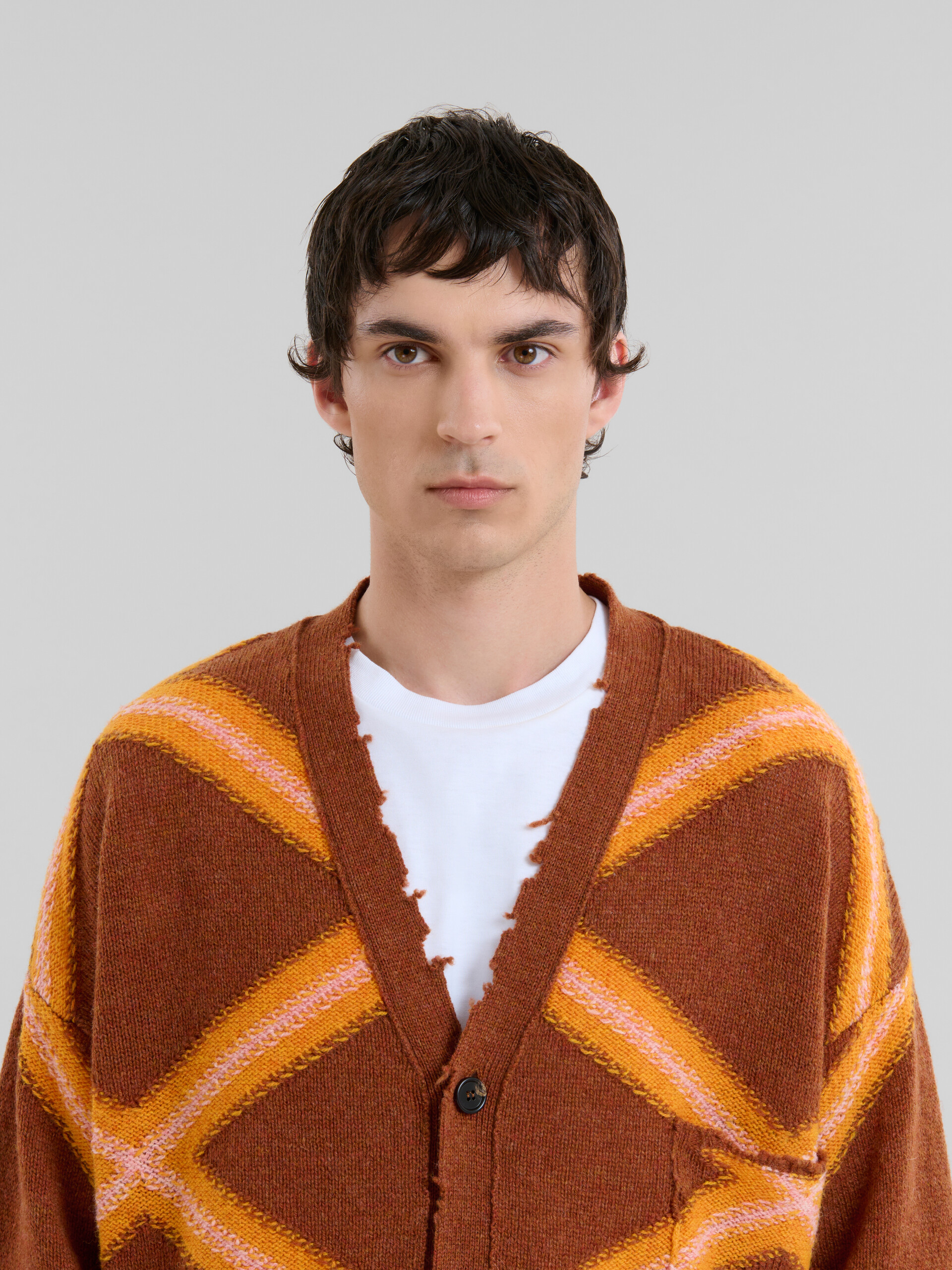 Brown broken wool cardigan with argyle motif - Pullovers - Image 4