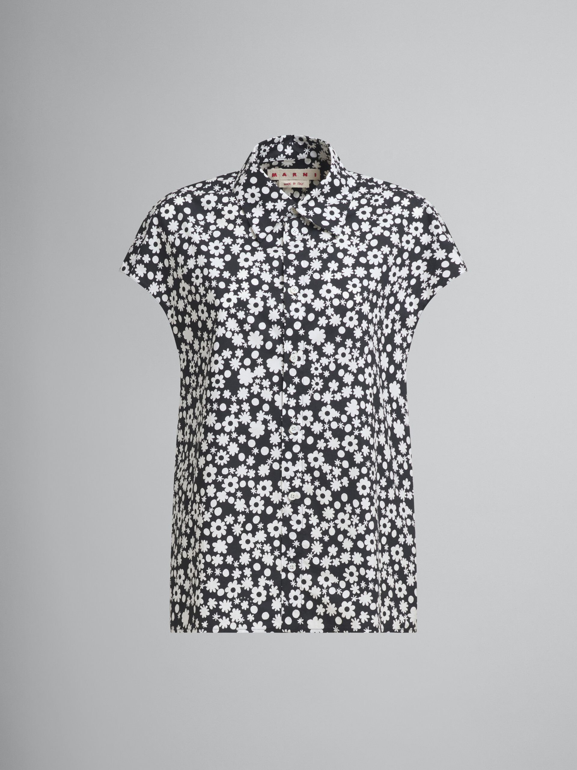 Black and white sleeveless cocoon shirt with Pop Fields motif - Shirts - Image 1