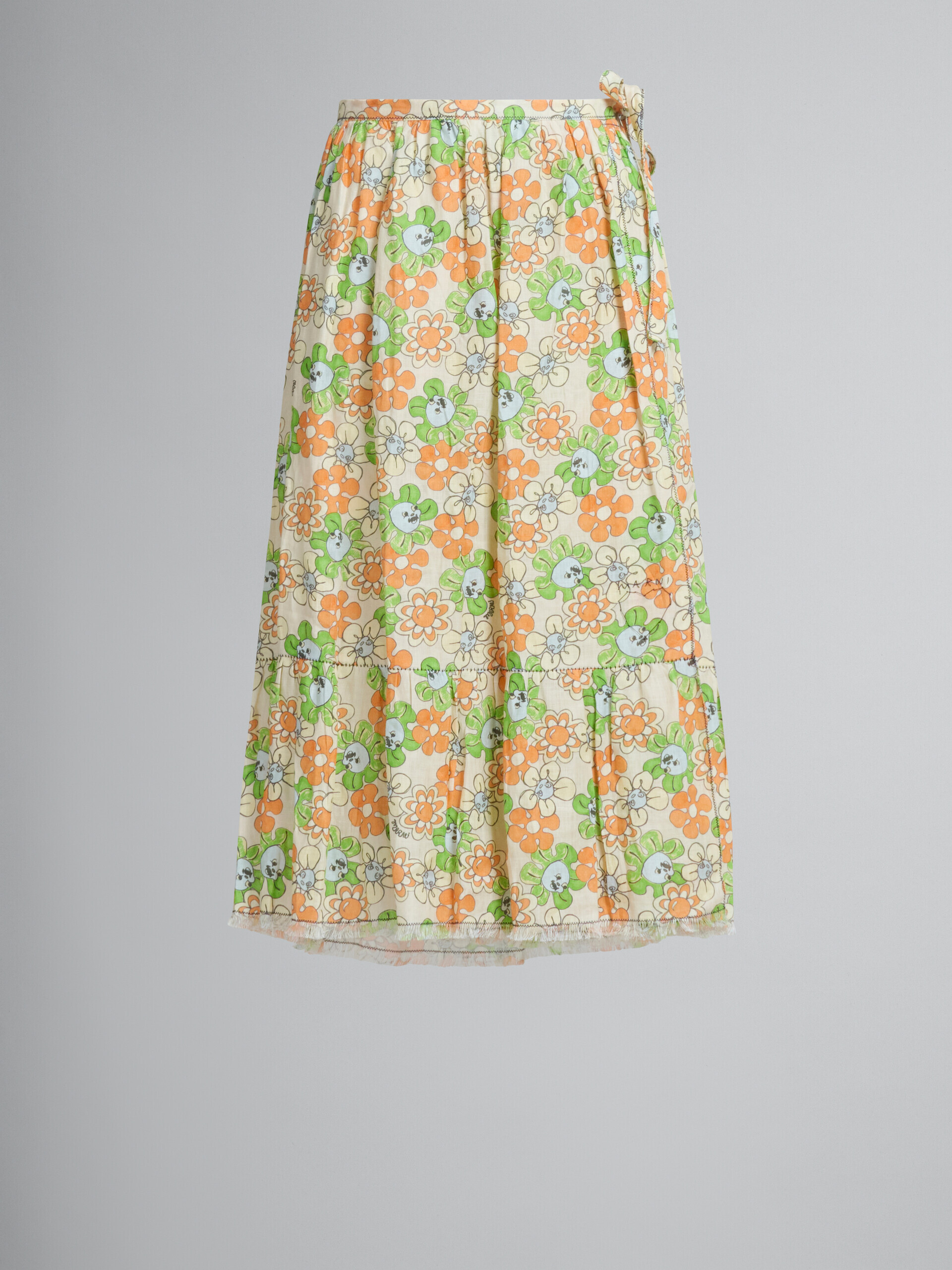Falda de lino con volante ancho en el bajo y estampado naranja y verde - Faldas - Image 2