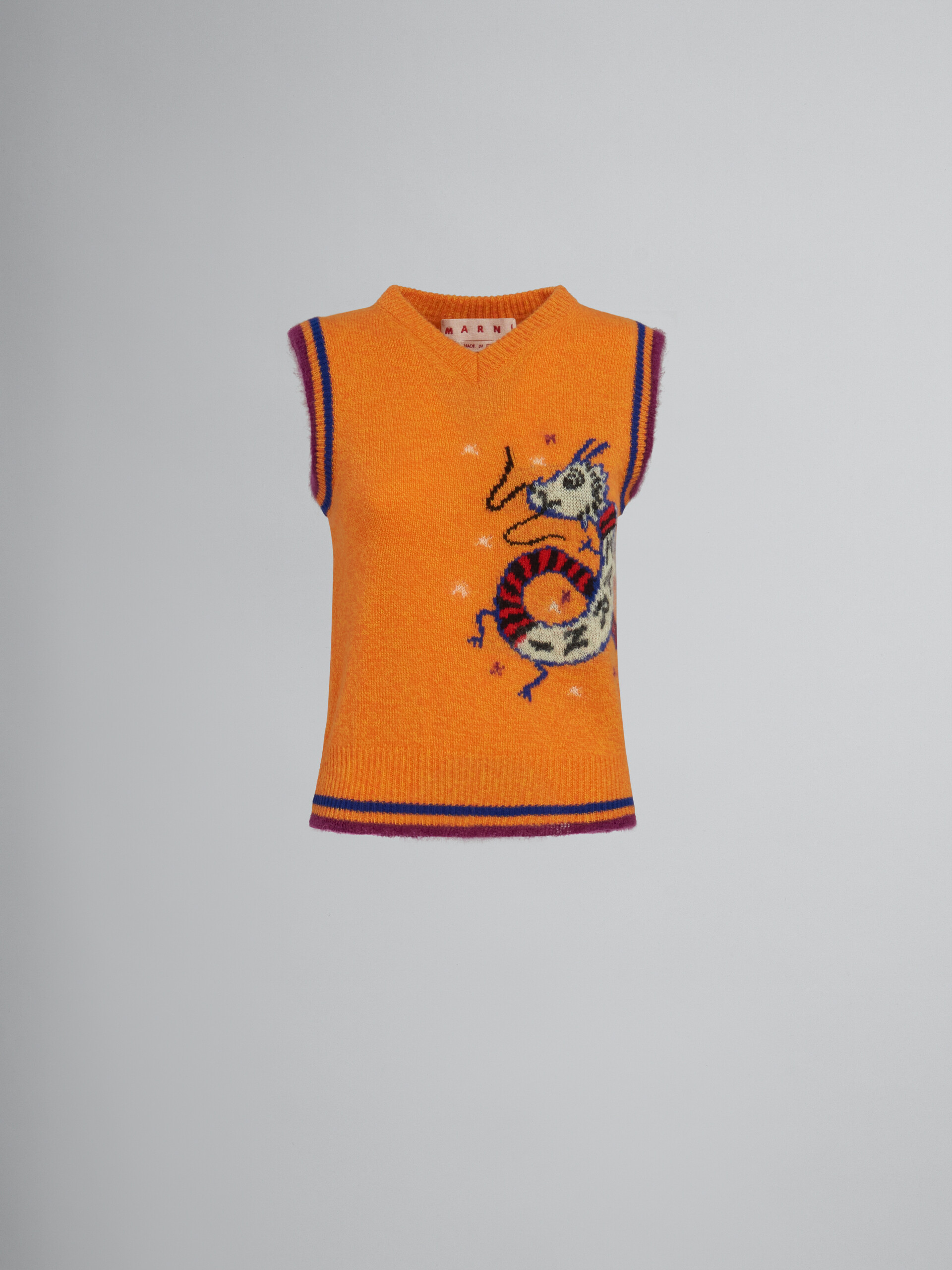 Pullover senza maniche arancione in misto lana e cashmere con motivo drago jacquard - Pullover - Image 1