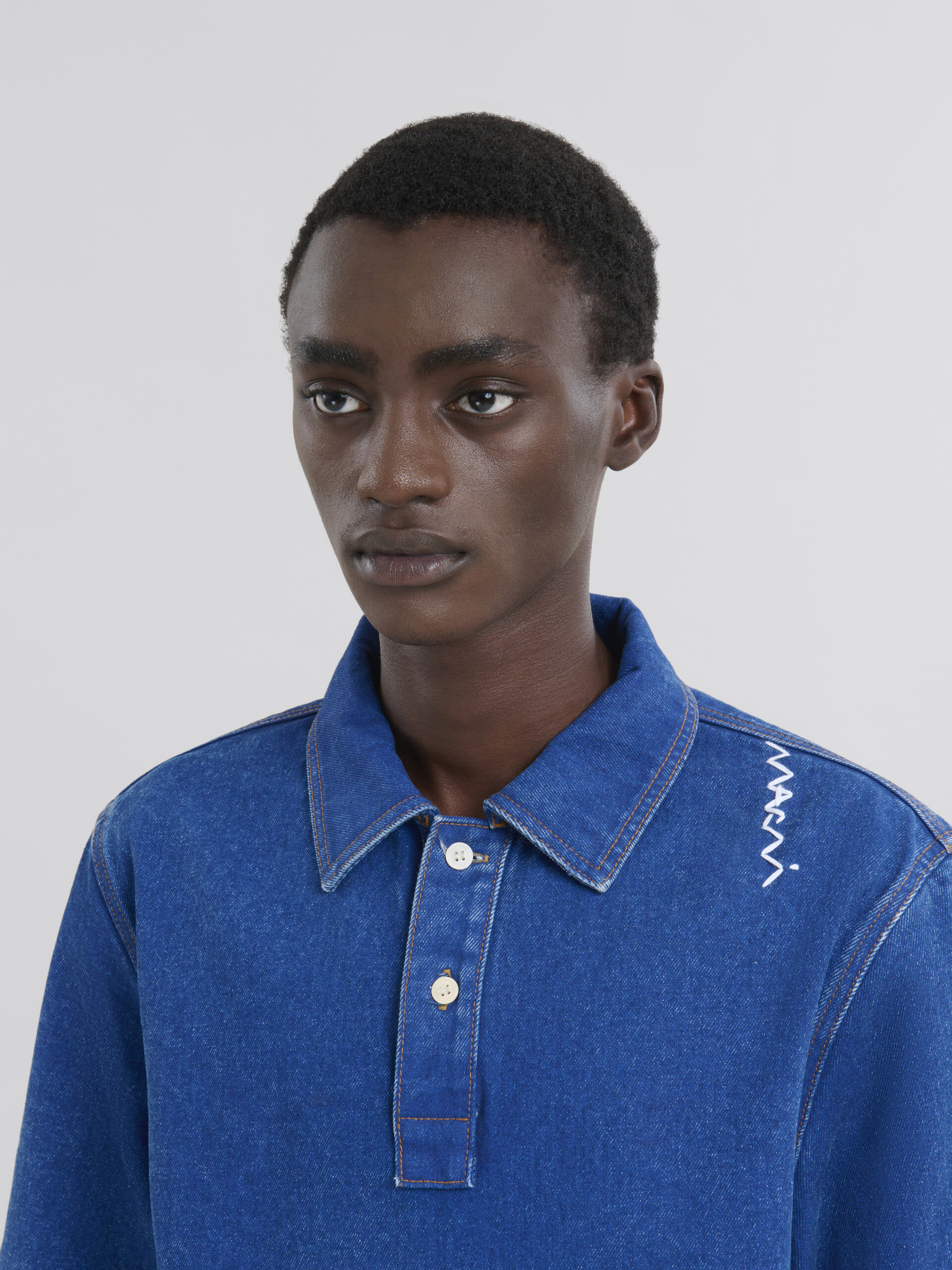 Blue oversize organic denim polo shirt with Marni Symbol - Shirts - Image 4