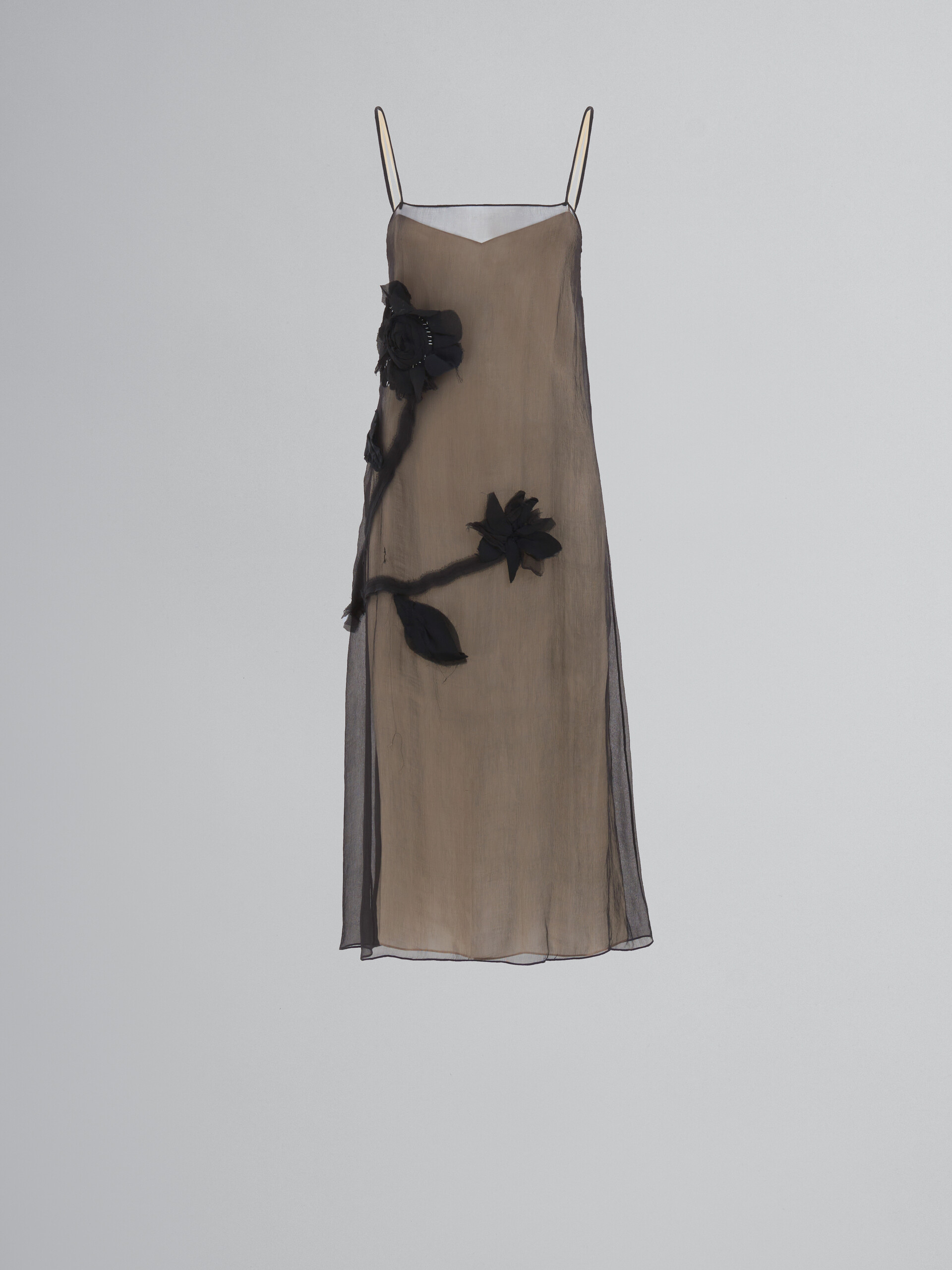 Black crepon slip dress with flower appliqués - Dresses - Image 1