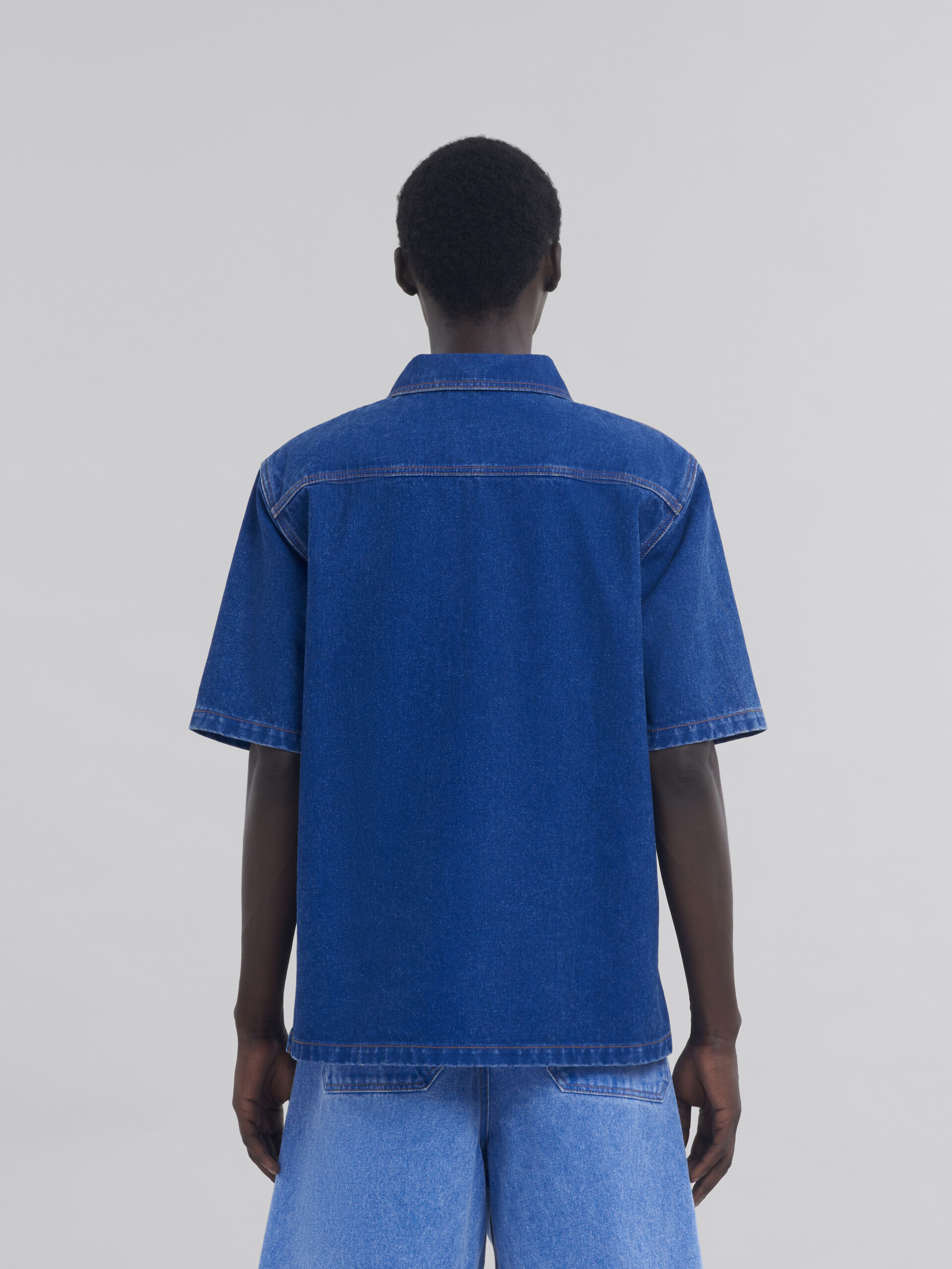 Blue oversize organic denim polo shirt with Marni Symbol - Shirts - Image 3