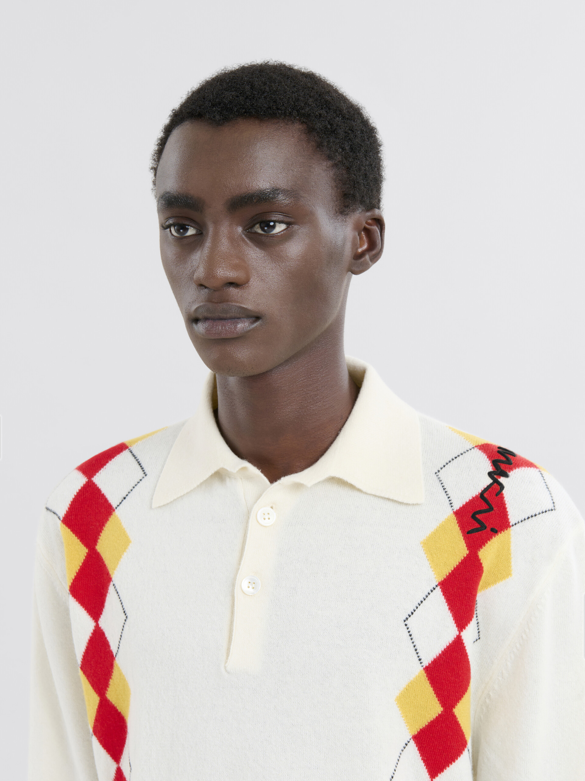 Long sleeved ivory polo shirt with intarsia Argyle detail - Shirts - Image 4