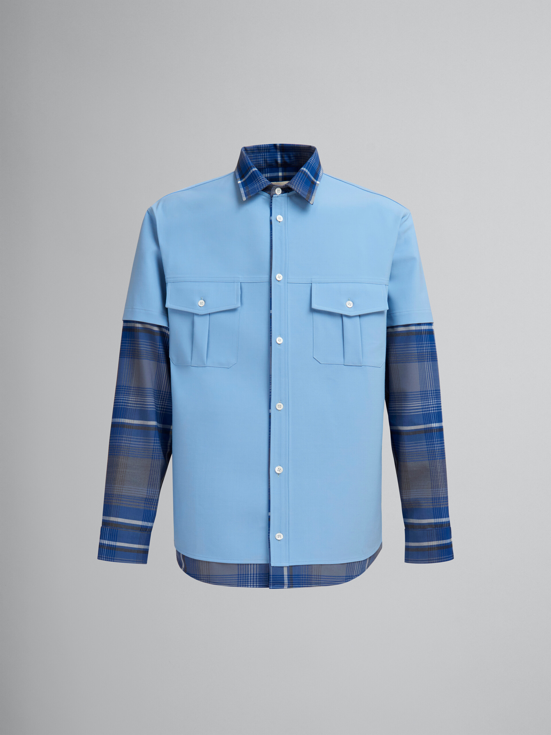 Camisa azul de lana a cuadros estilo prendas superpuestas - Camisas - Image 1