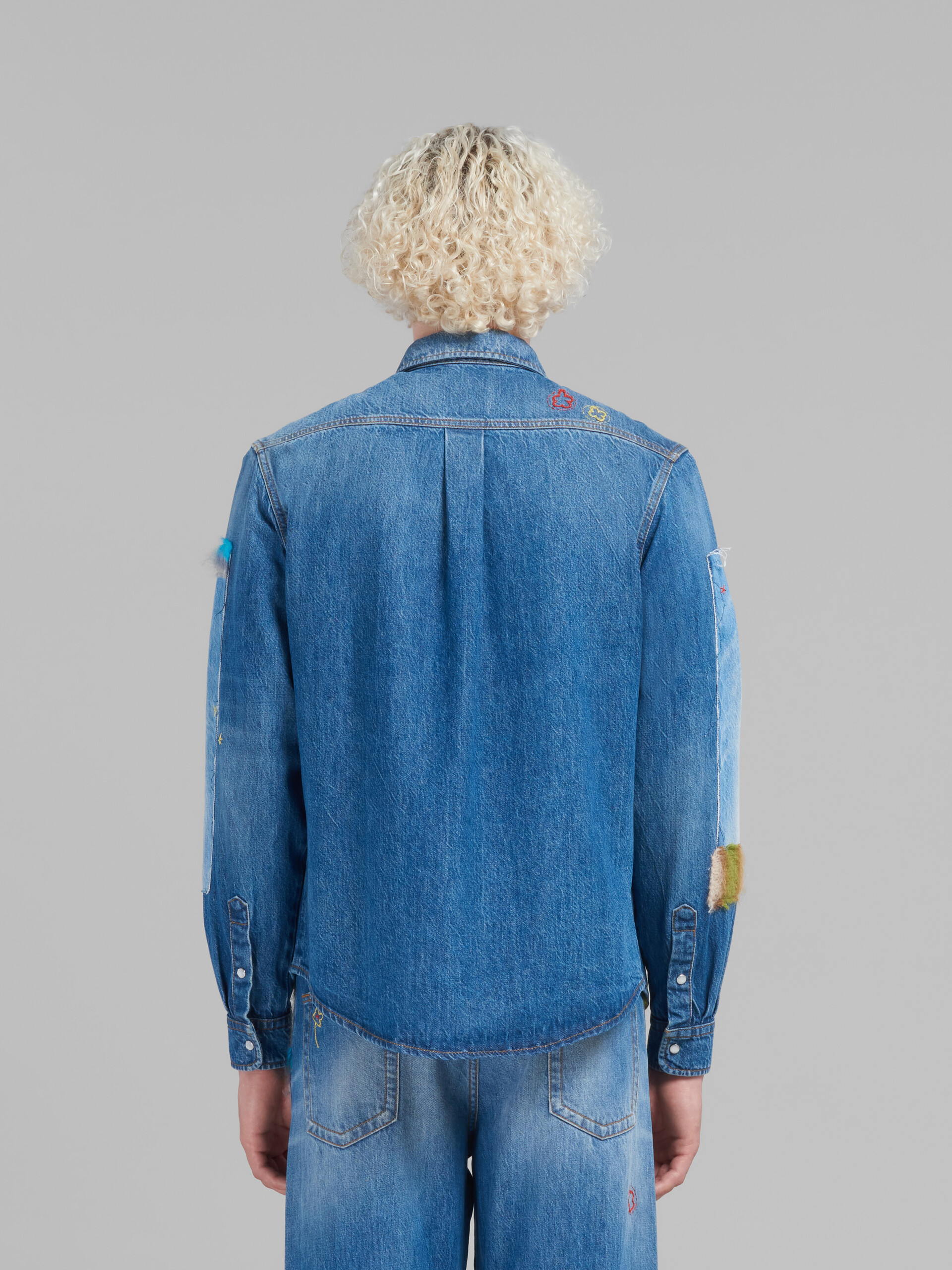 Blue organic denim shirt with mohair patches - Shirts - Image 3