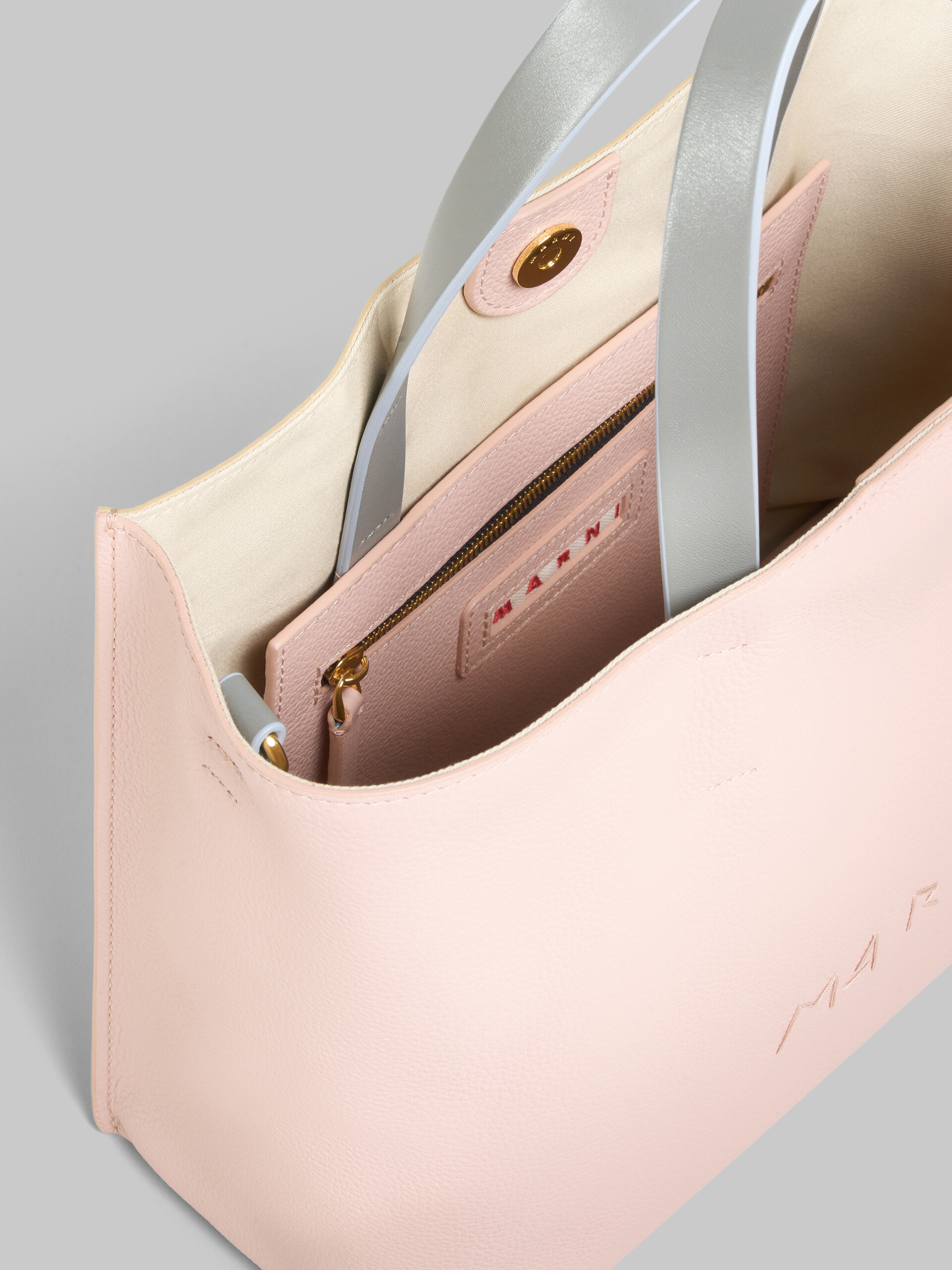 Light pink and beige leather Museo Soft tote Bag with Marni Symbol embroidery - Shopping Bags - Image 3