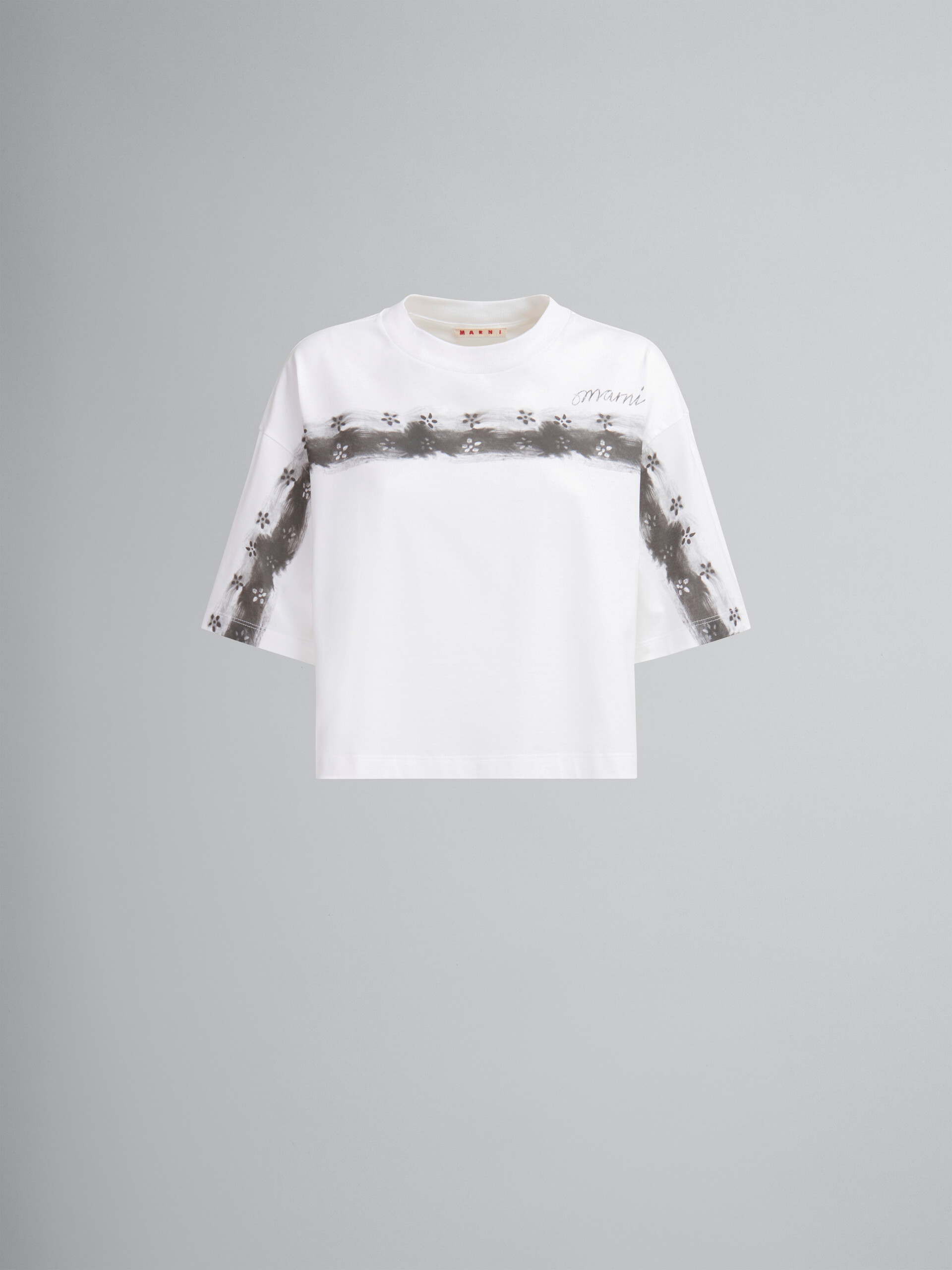 White organic cotton cropped T-shirt with smudged flower print - T-shirts - Image 1