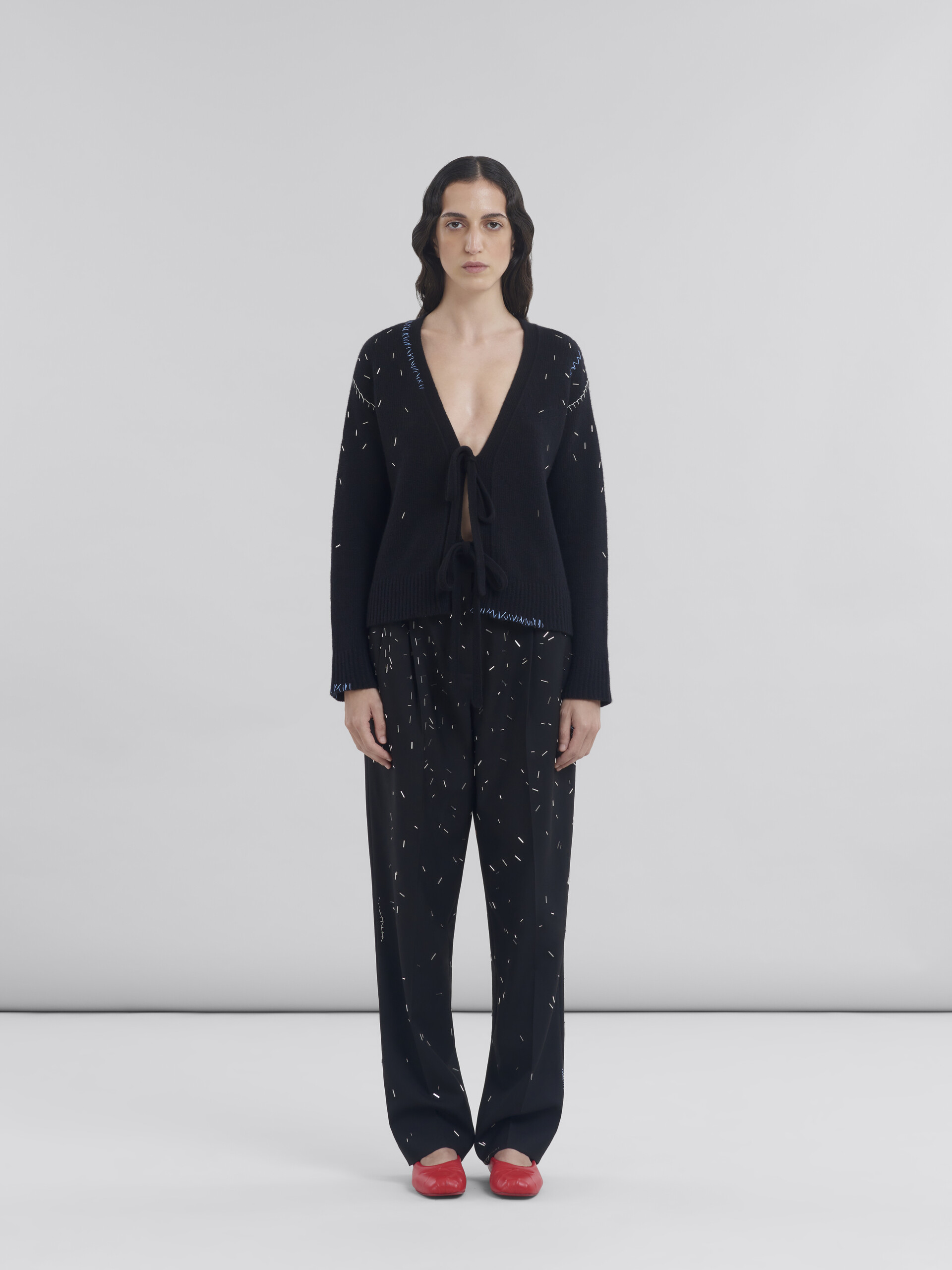 Black straight cut wool trousers with bead detail - Pants - Image 2