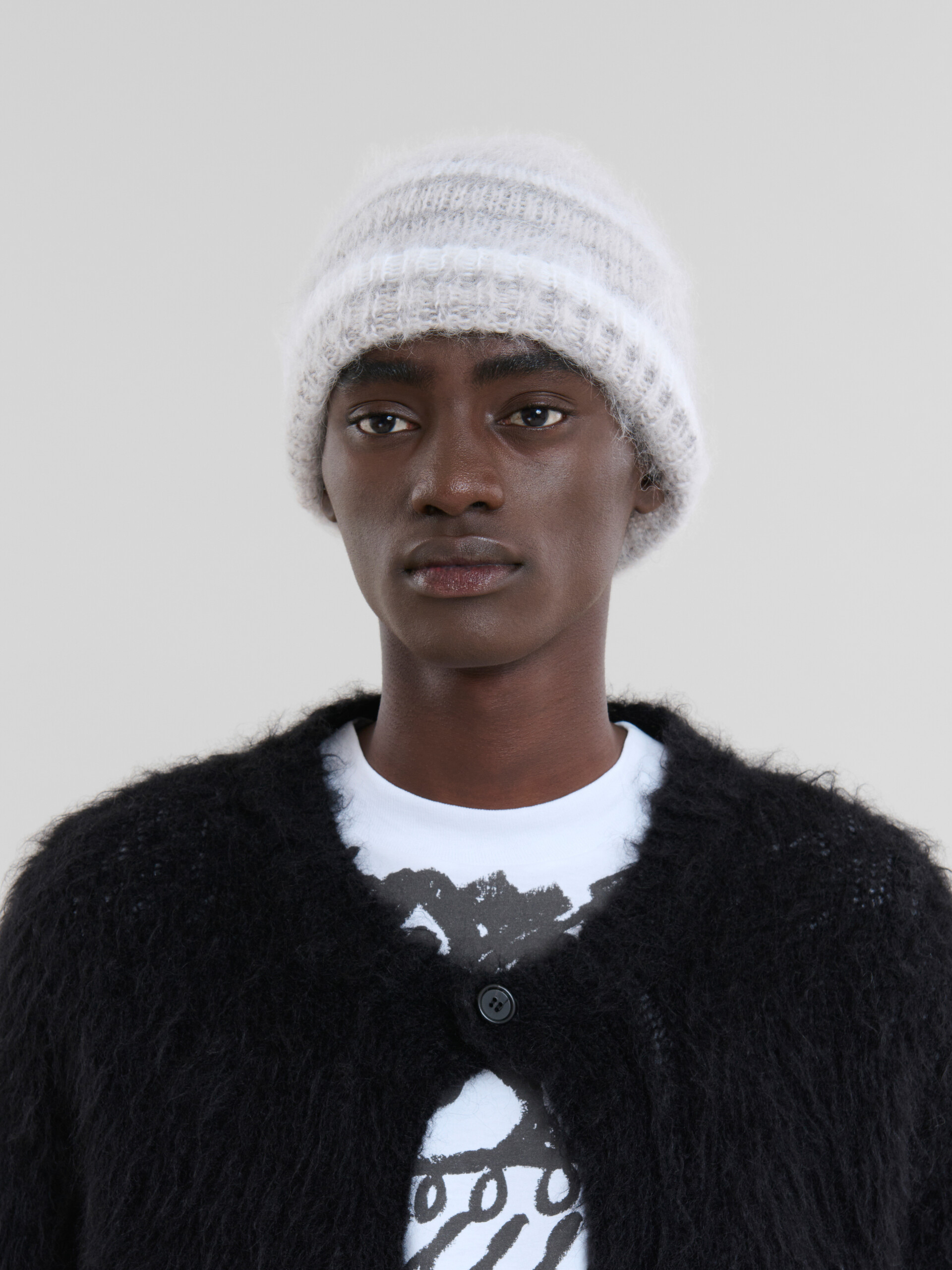 Grey brushed mohair beanie with stripes - Hats - Image 2