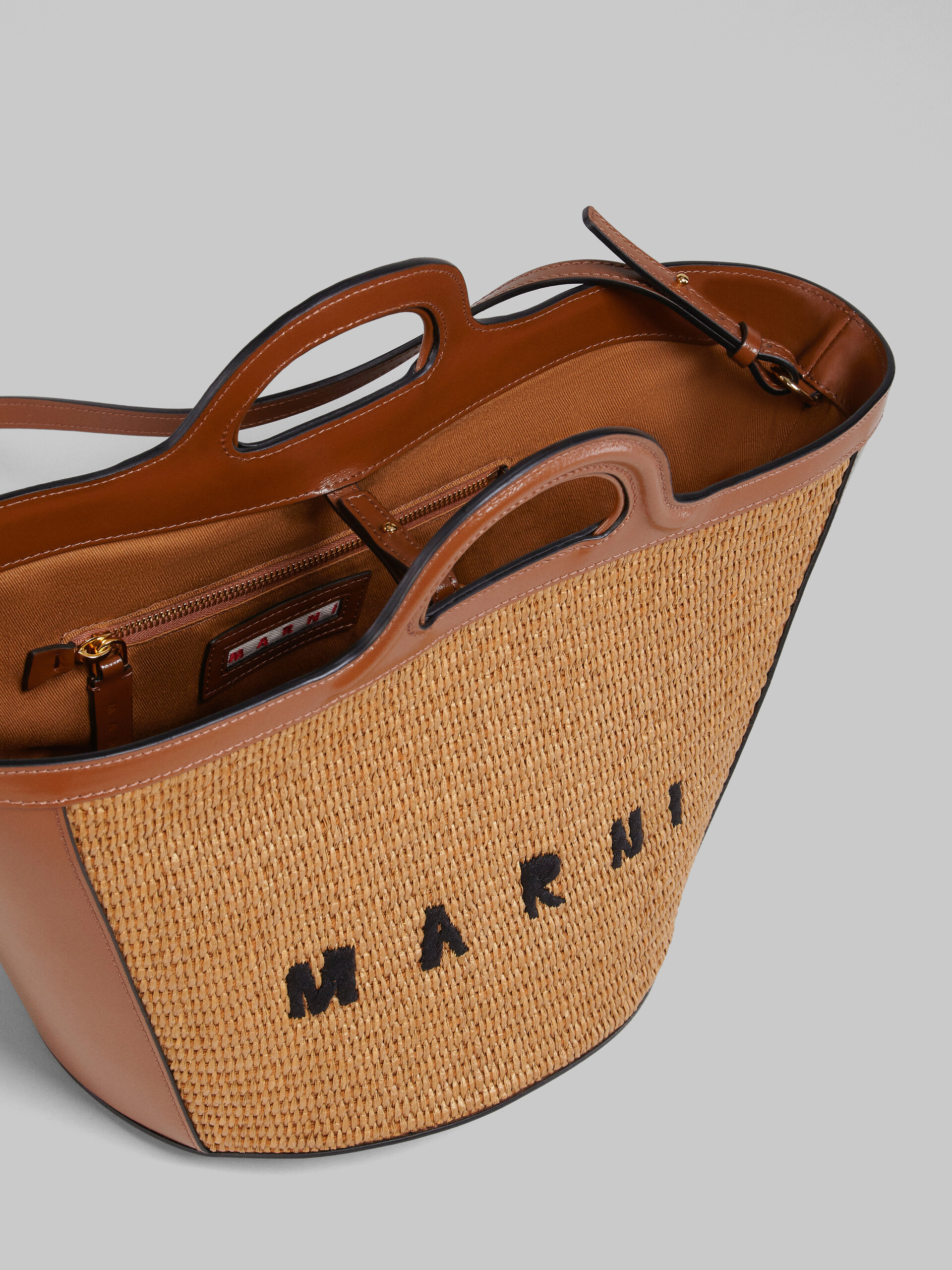 Tropicalia Small Bag in brown leather and raffia-effect fabric - Handbag - Image 5