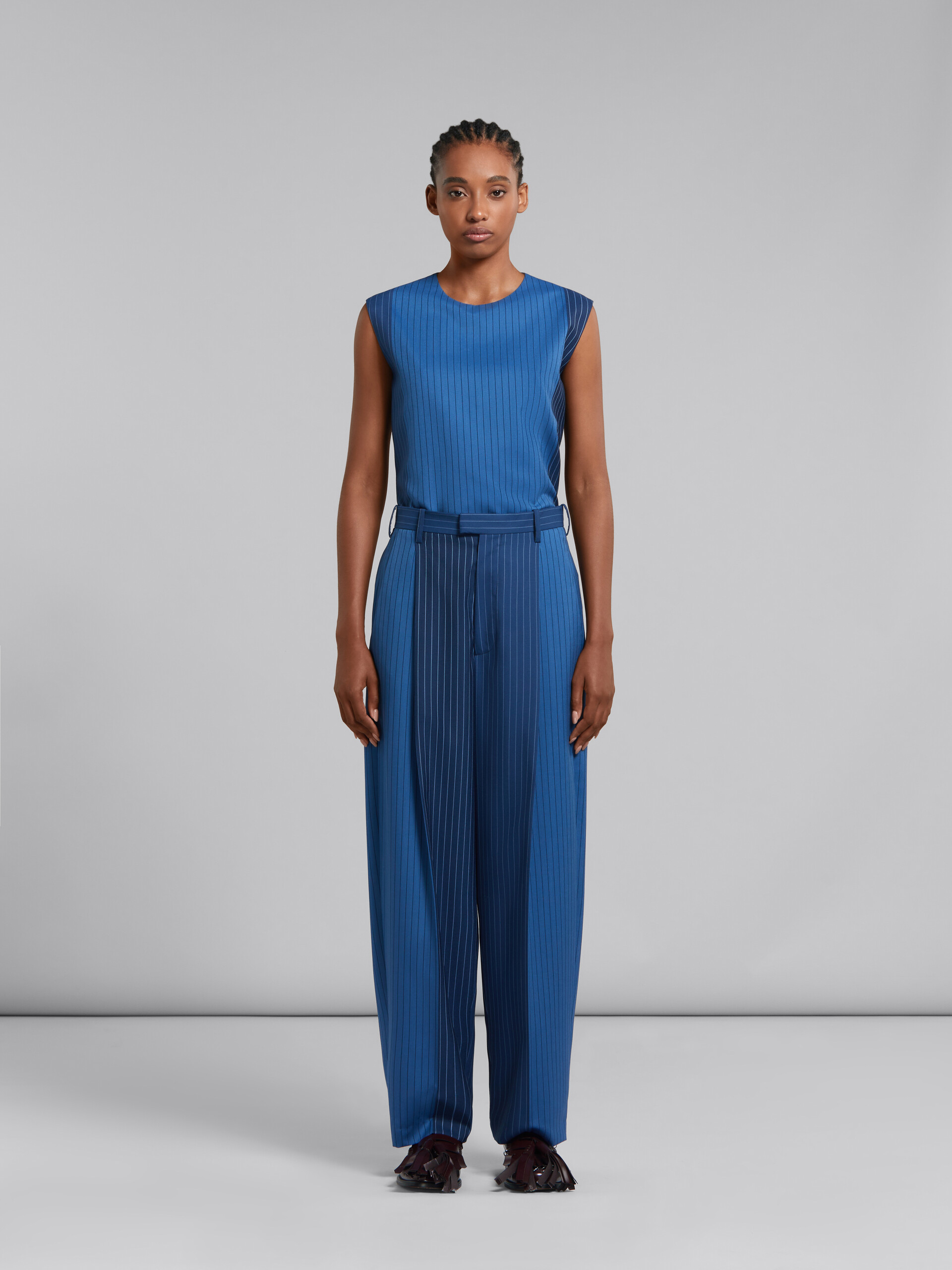 Pantaloni in lana gessata blu dégradé - Pantaloni - Image 2