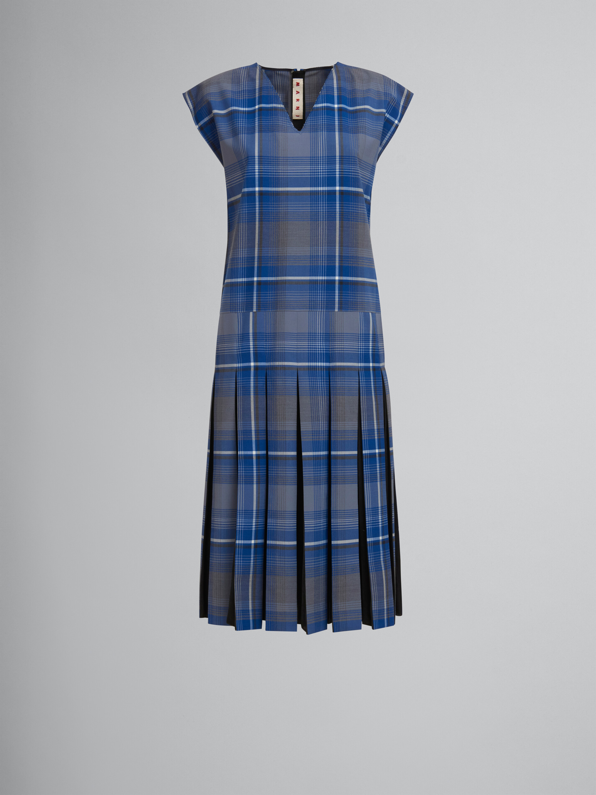 Blue checked wool blend dress with contrast pleats - Dresses - Image 1