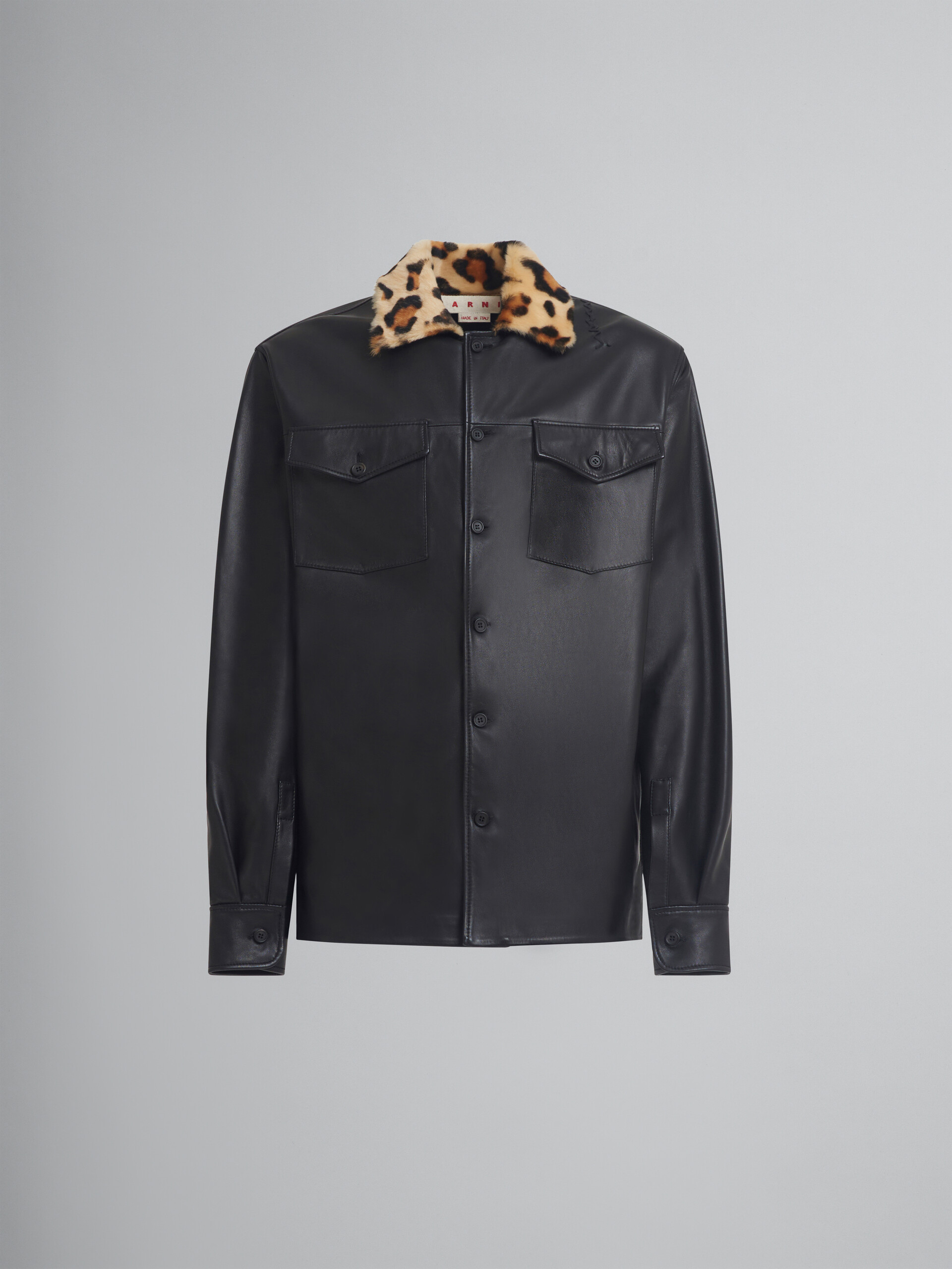 Chemise en cuir nappa avec col en shearling à motif animalier - Chemises - Image 1