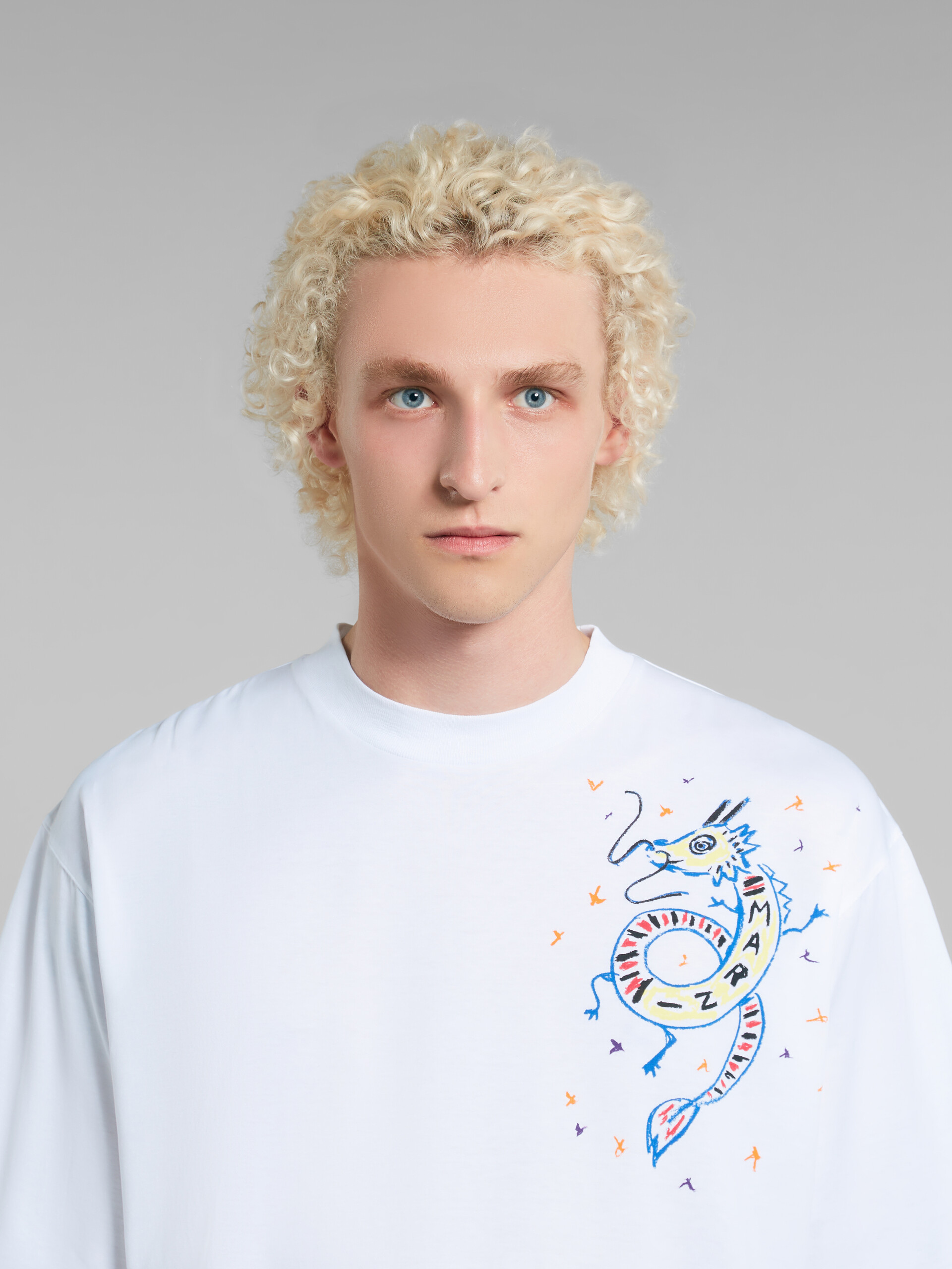 T-shirt bianca in jersey biologico con stampa drago - T-shirt - Image 4