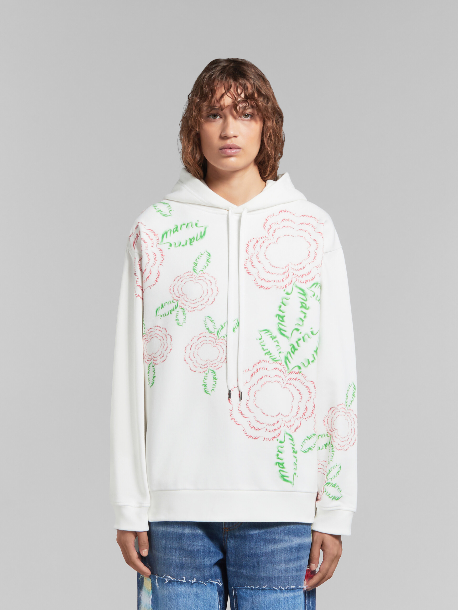 White cotton hoodie with Marni poppies - Pullovers - Image 2