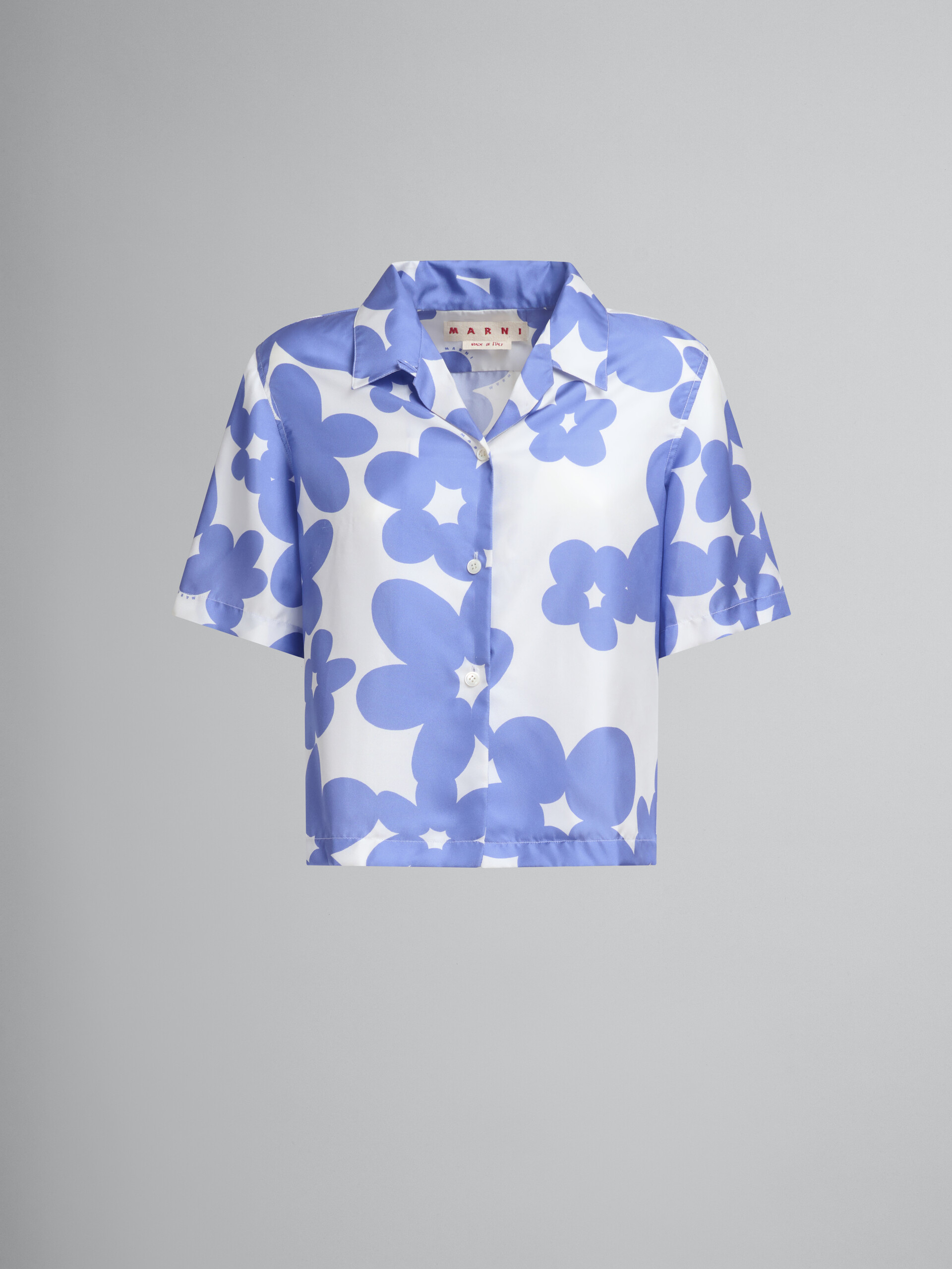 Silk bowling shirt with blue and white Dillies motif - Shirts - Image 1