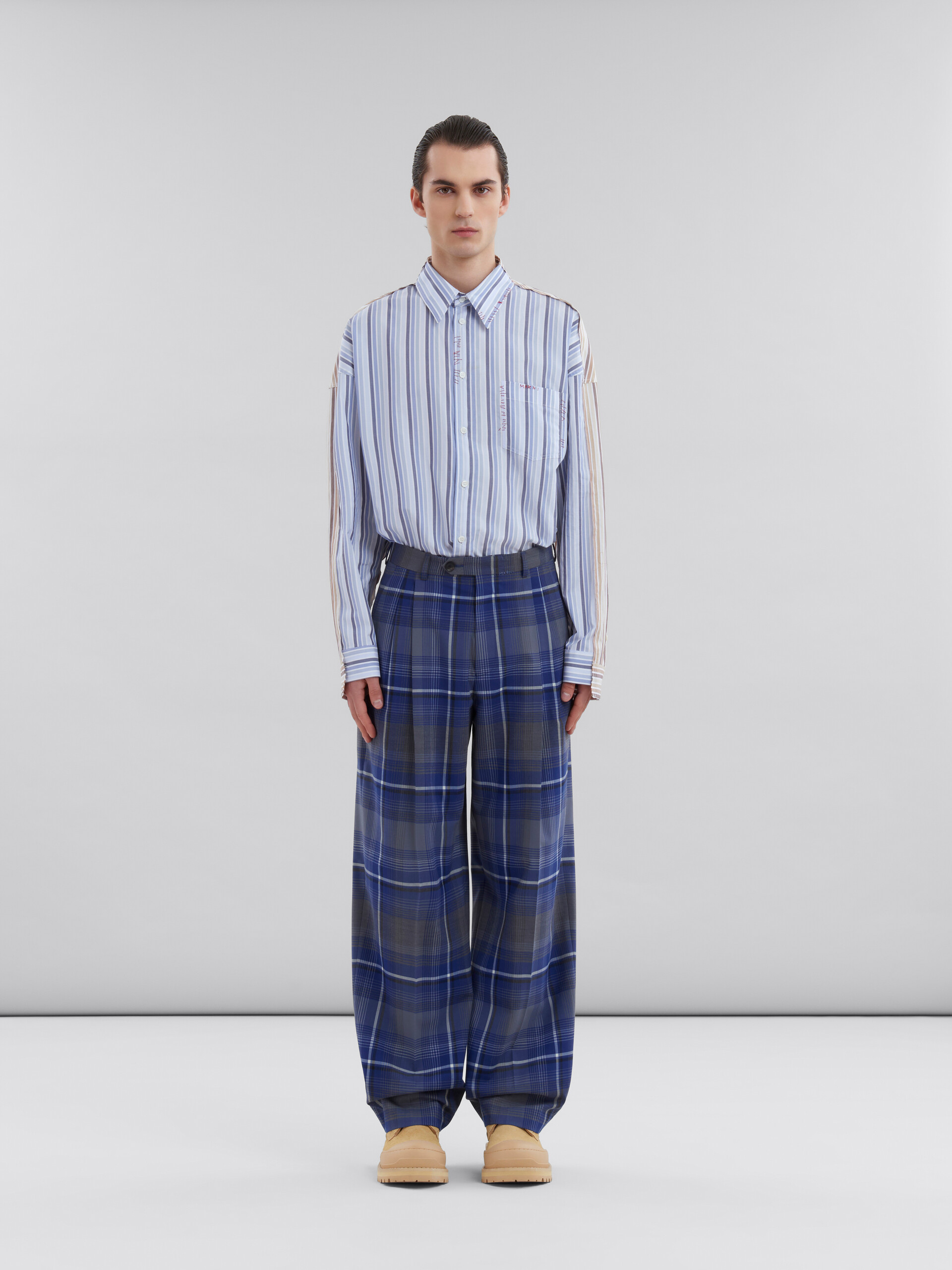 Blue checked wool pleated trousers - Pants - Image 2