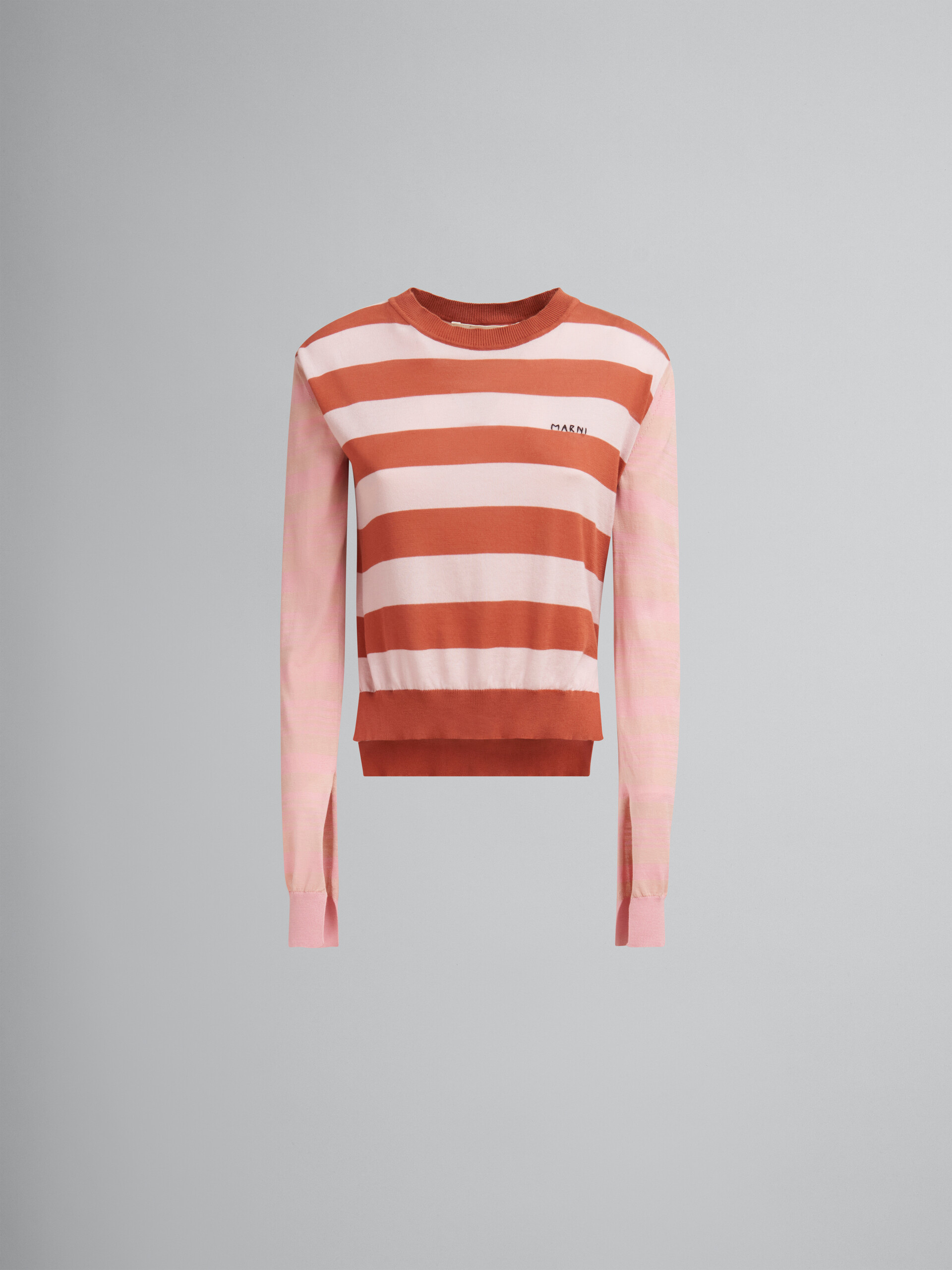 Rosafarbener, leichter Rundhalspullover aus Baumwolle mit kontrastierenden Streifen - Pullover - Image 1