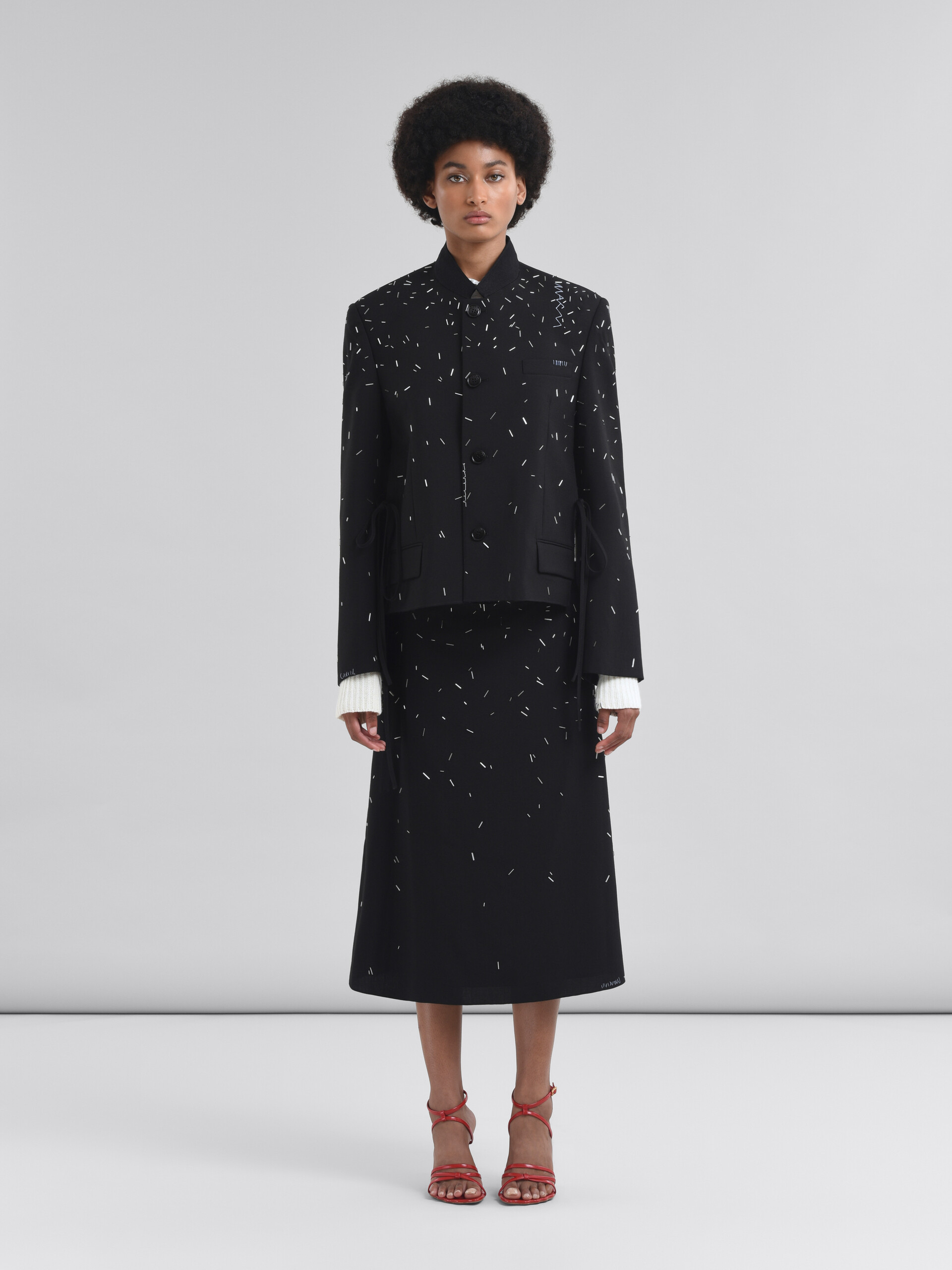 Black wool jacket with tinted pearl embellishment - Jackets - Image 2