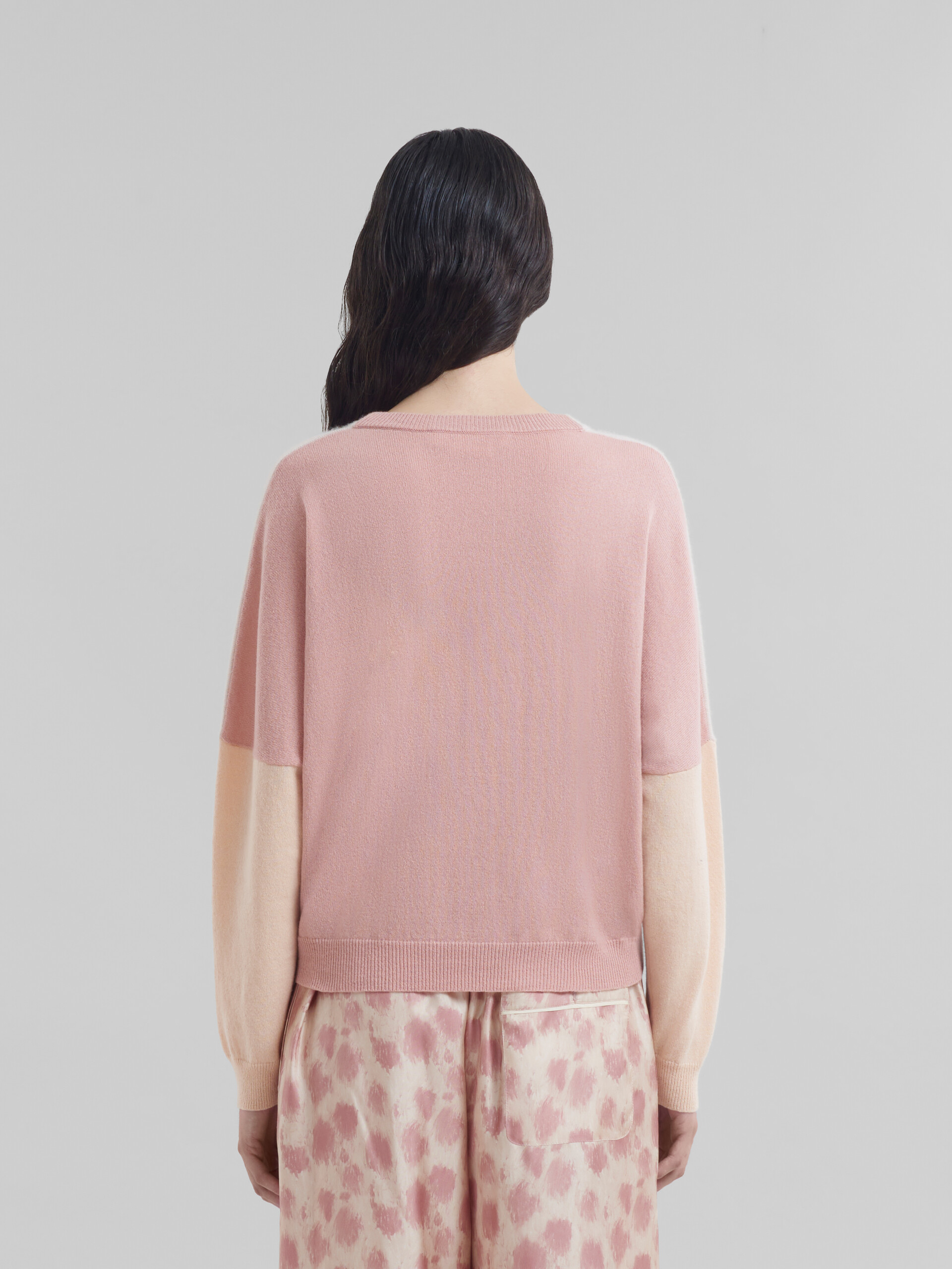 Peach pink wool and cashmere color block V-neck sweater - Pullovers - Image 3