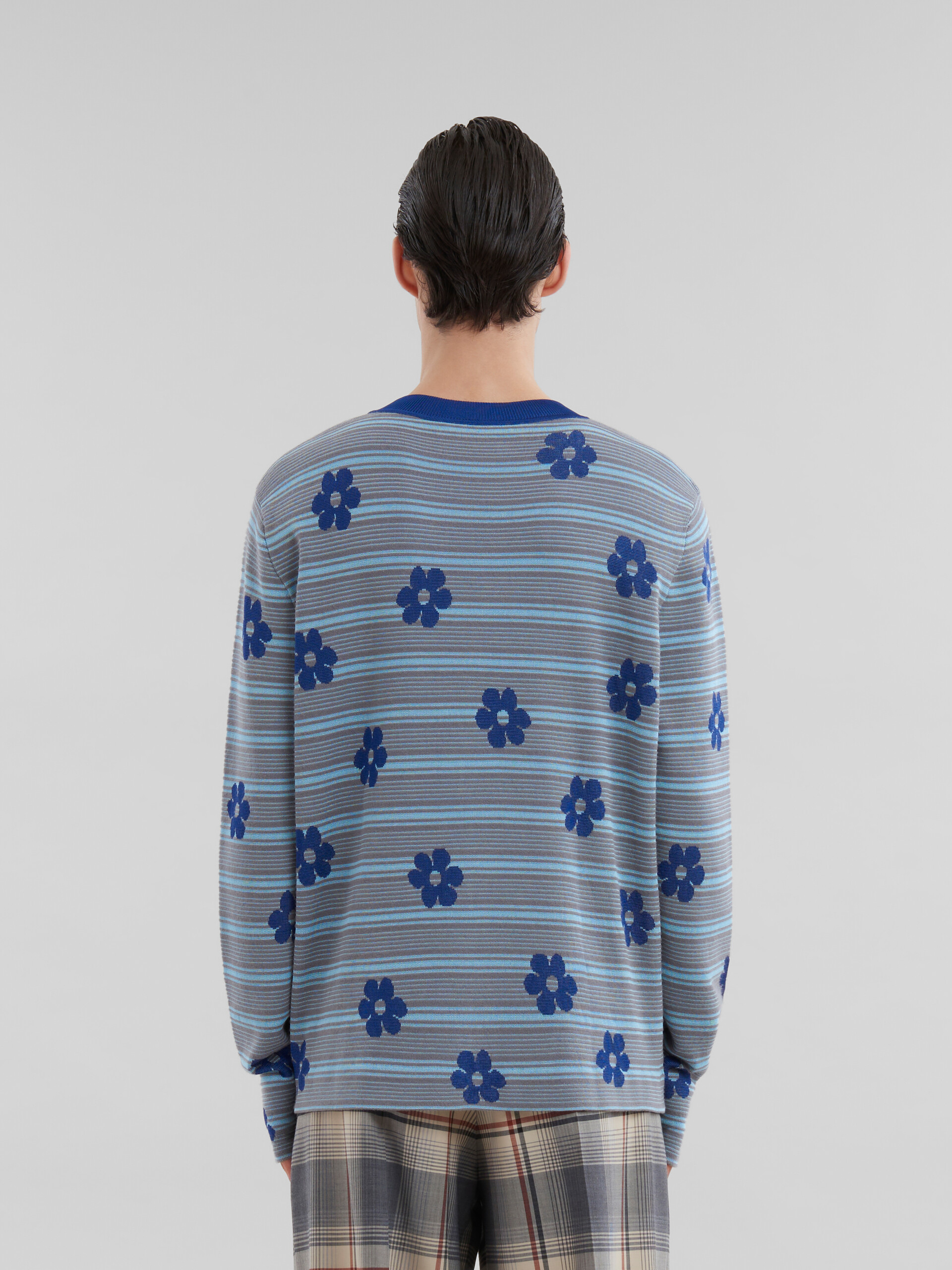 Blue cotton-viscose striped jumper with floral motif - Pullovers - Image 3