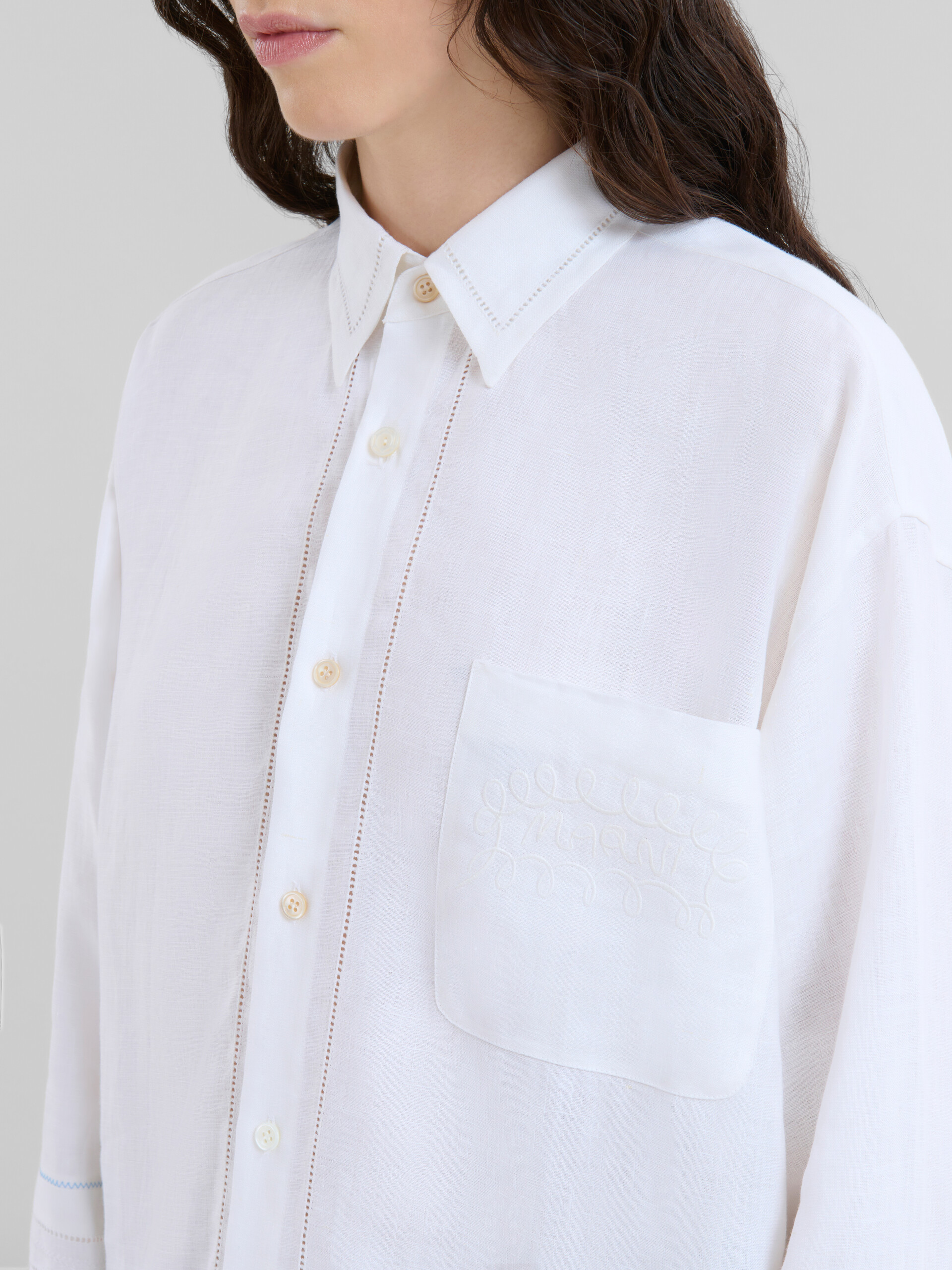 White linen shirt with openwork embroidery - Shirts - Image 4