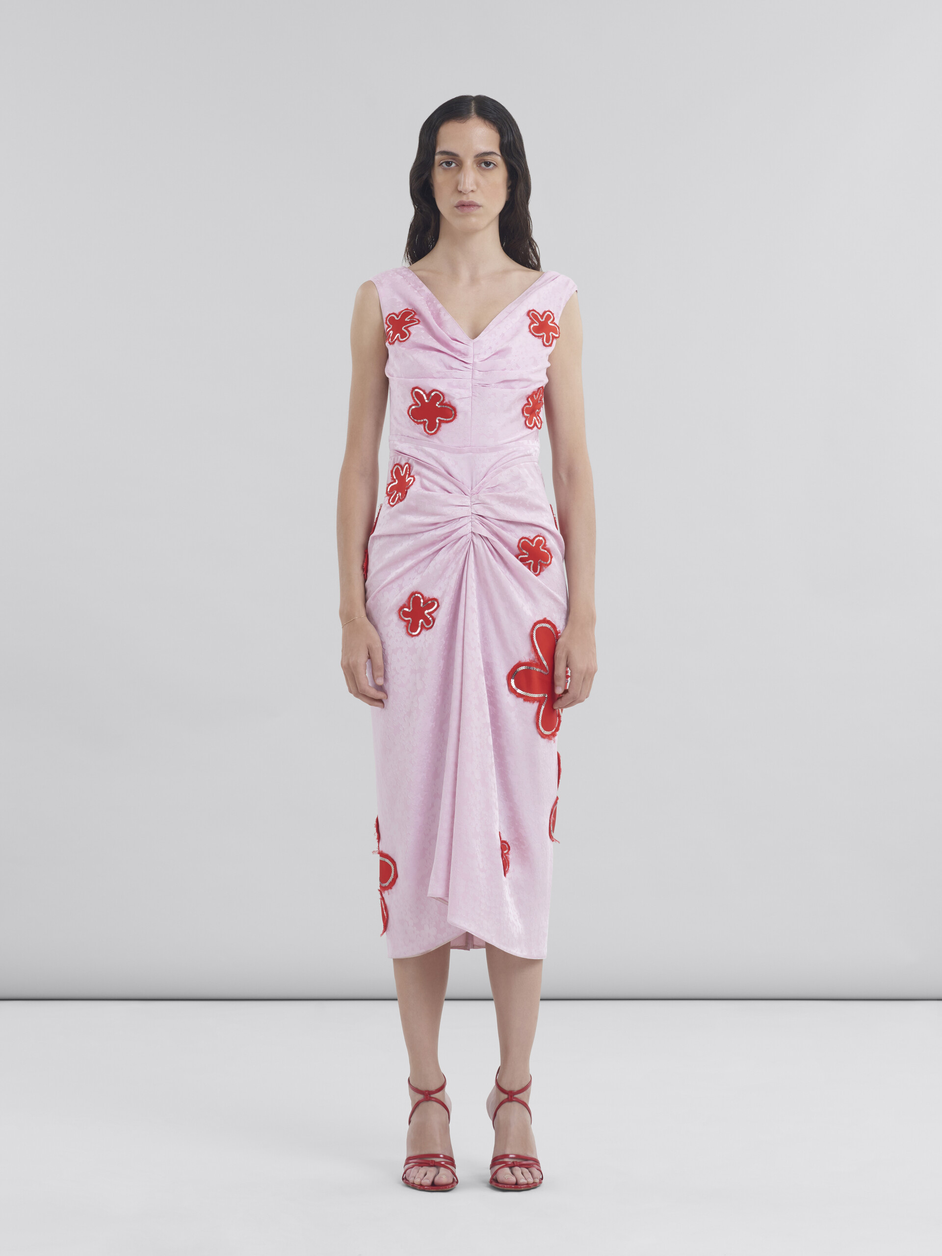 Pink silk jaquard dress with flower patches and sequins - Dresses - Image 2