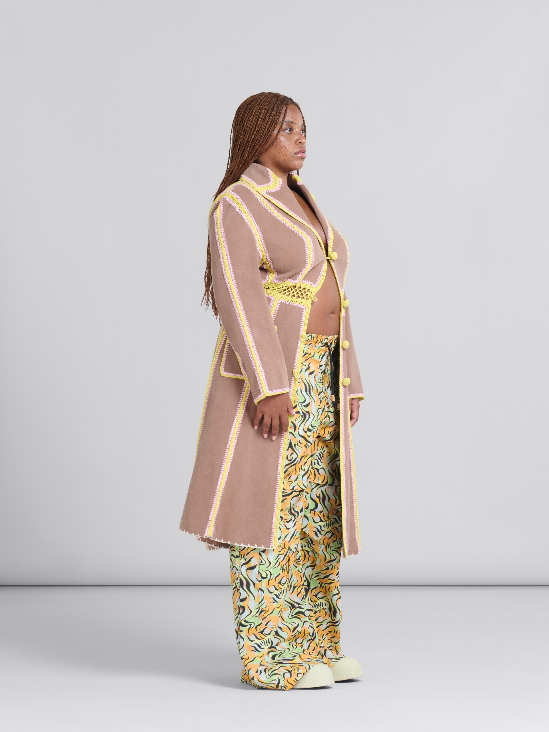Brown organic denim coat with crochet details - Coats - Image 5