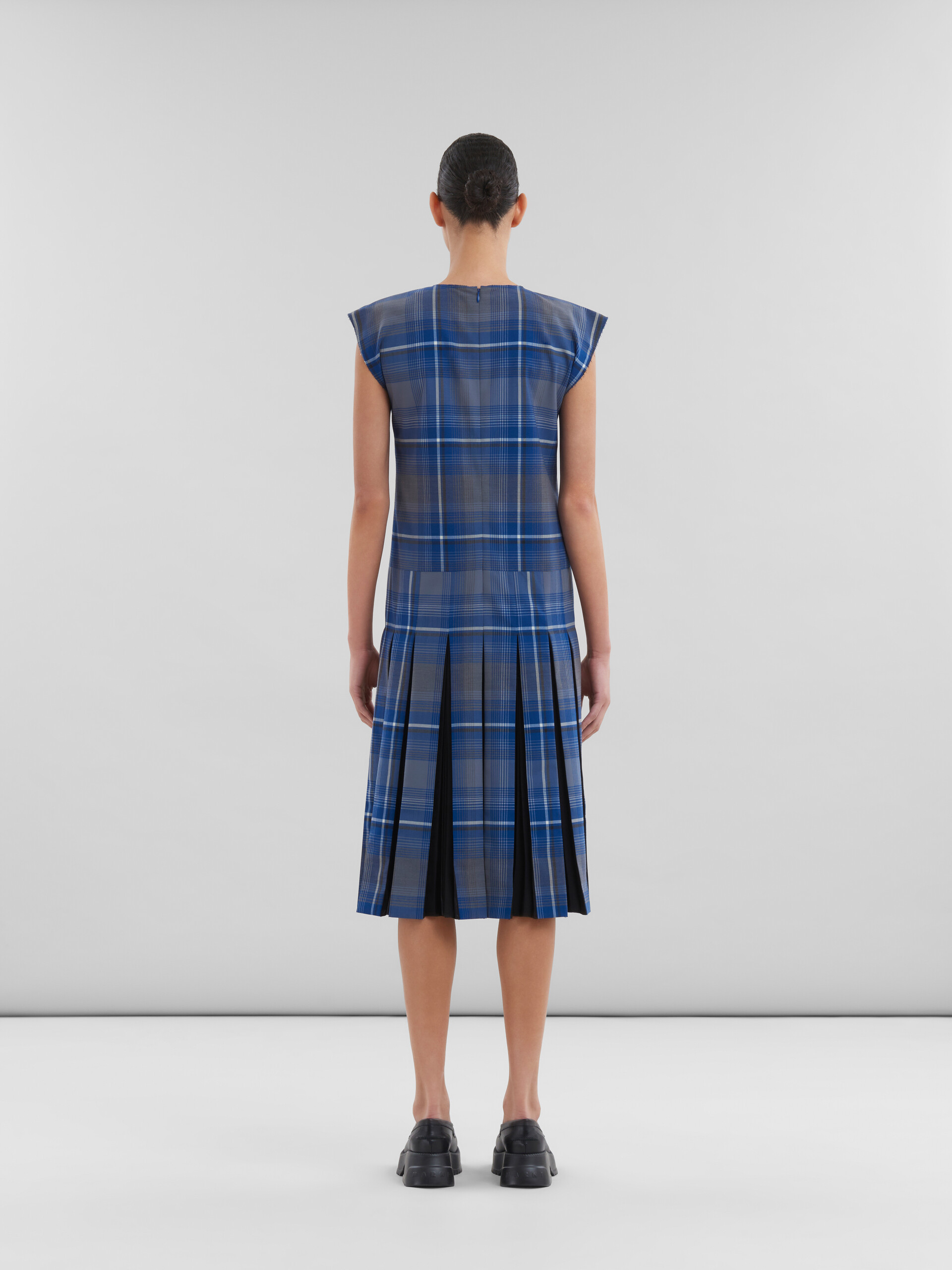 Blue checked wool blend dress with contrast pleats - Dresses - Image 3